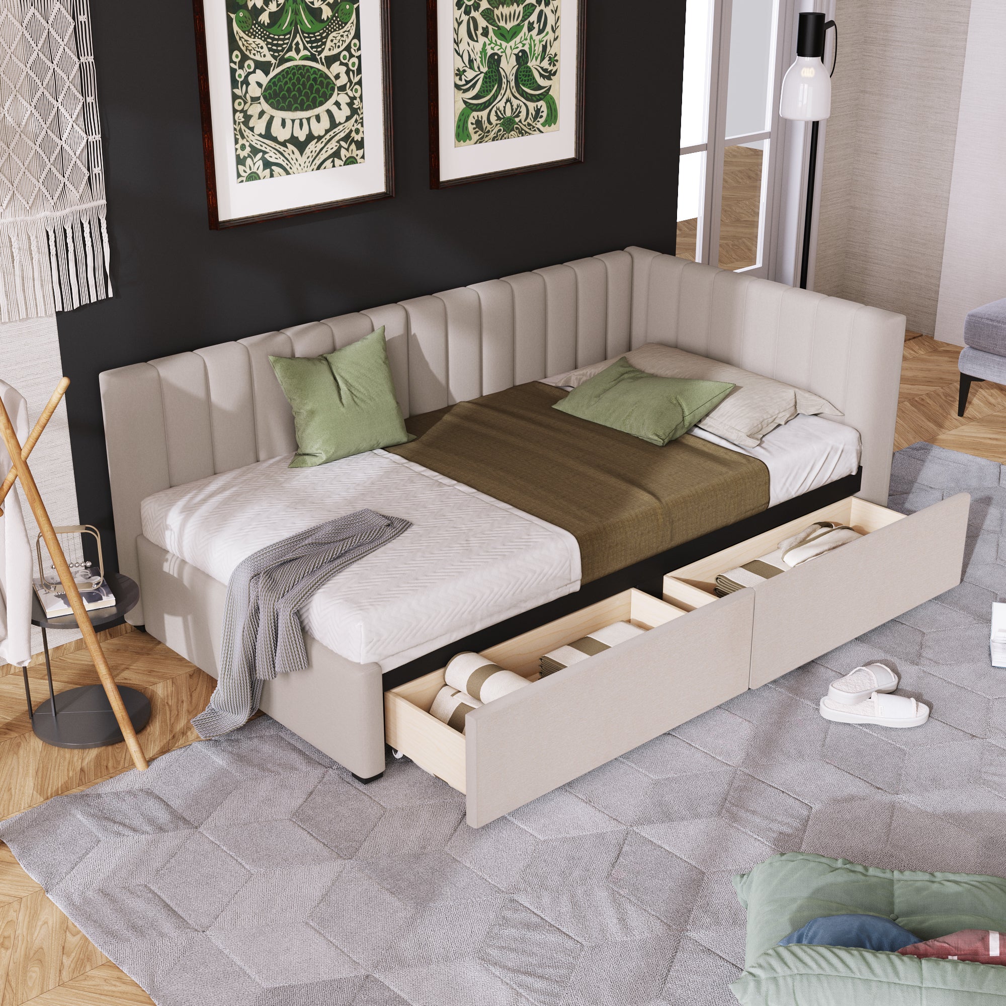Upholstered Twin Daybed with 2 Storage Drawers - Beige Linen Fabric
