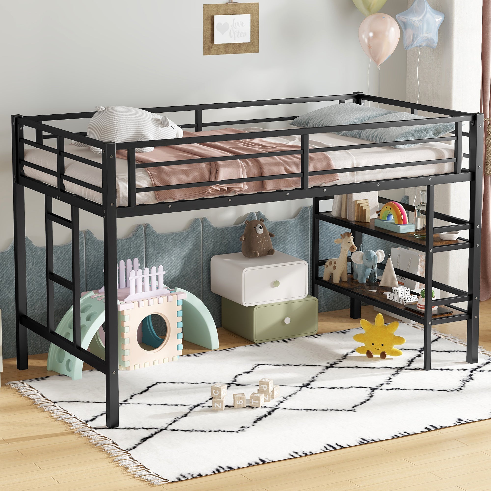 Black Twin Metal Loft Bed for Kids with Storage Shelf & Ladder