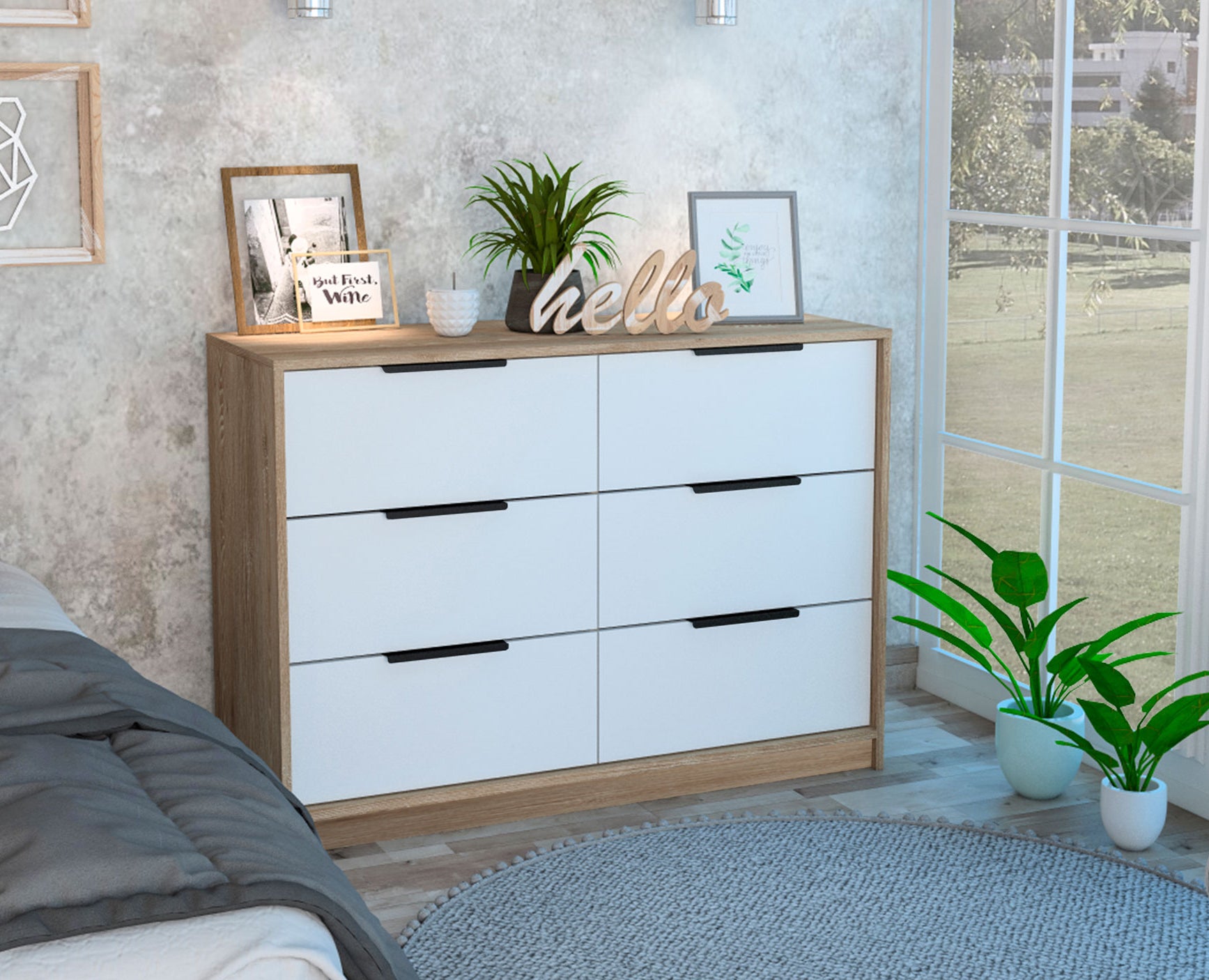 Longhill 6-Drawer Pine & White Dresser - Bedroom Furniture