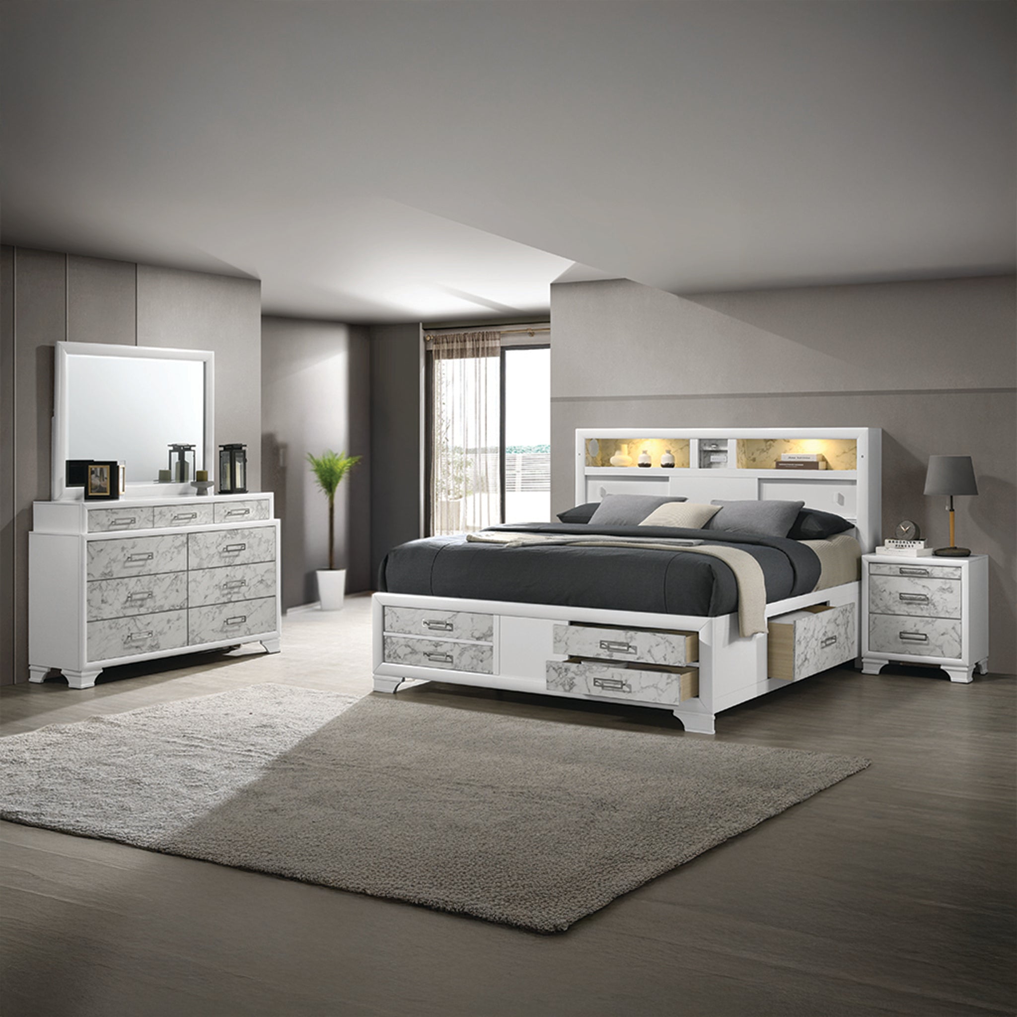 Modern White Wood Queen 4PC Bedroom Set | CA Inventory