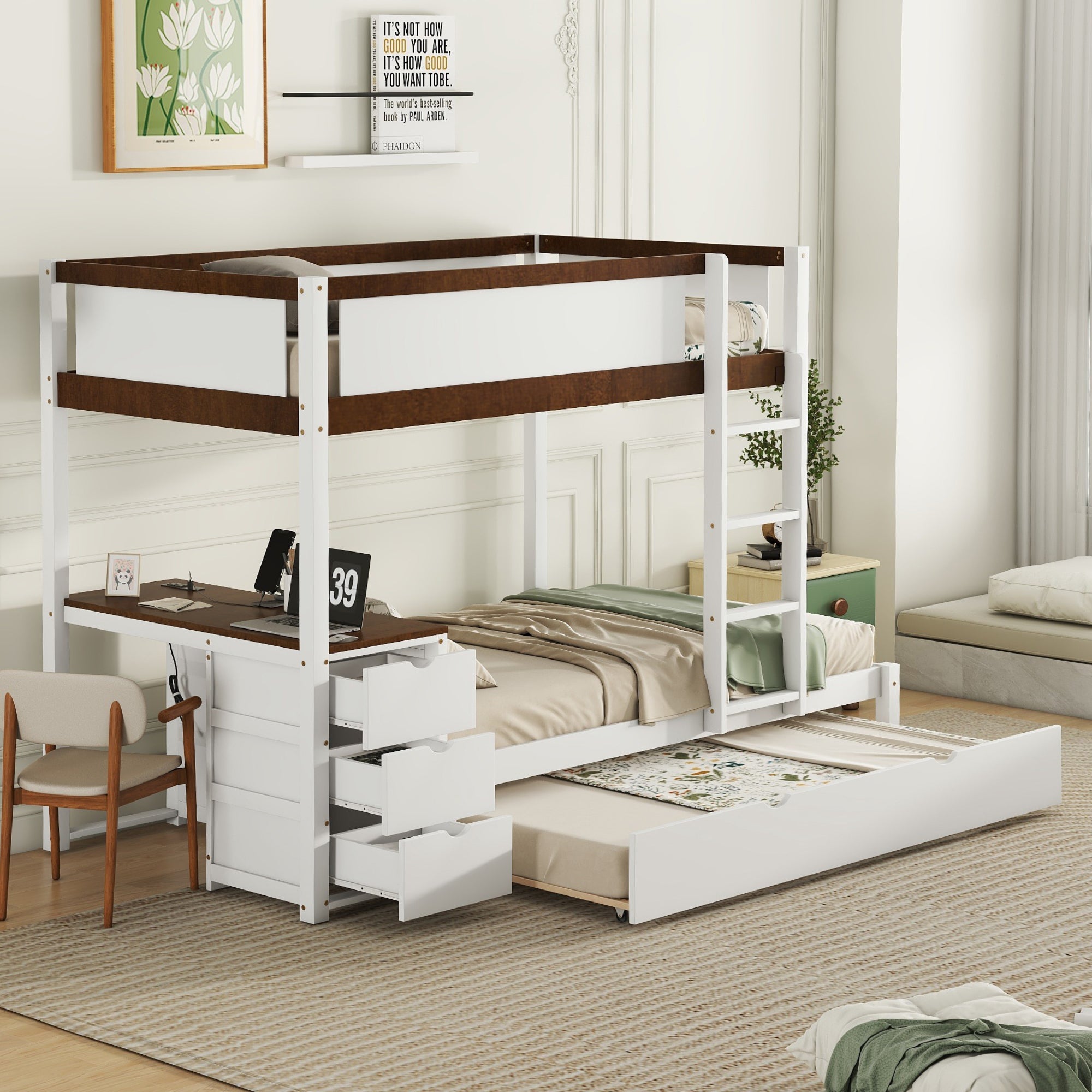 Twin-Over-Twin Bunk Bed with Trundle, Desk, Storage - White/Walnut