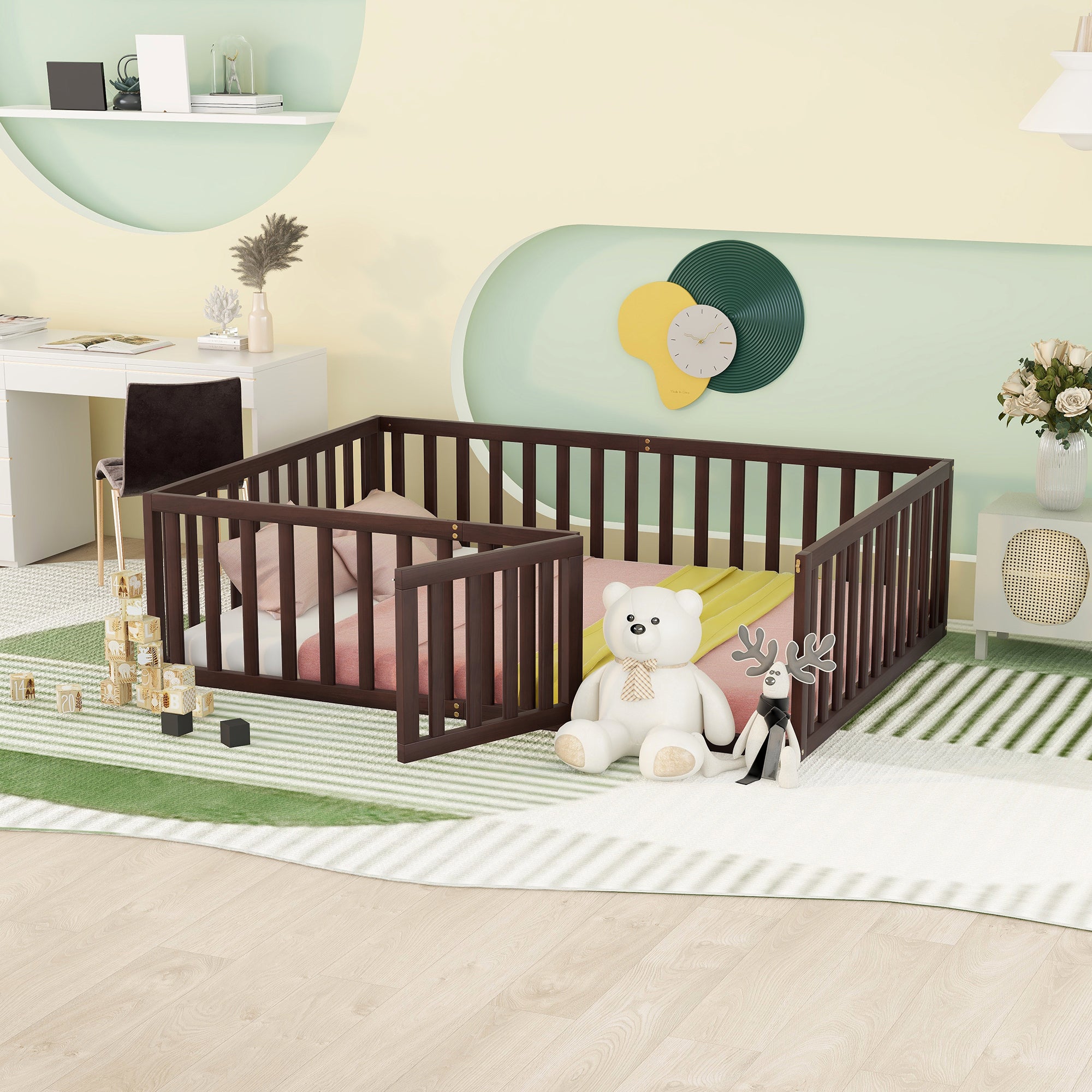 Full Size Wood Daybed Frame with Fence, Walnut Finish