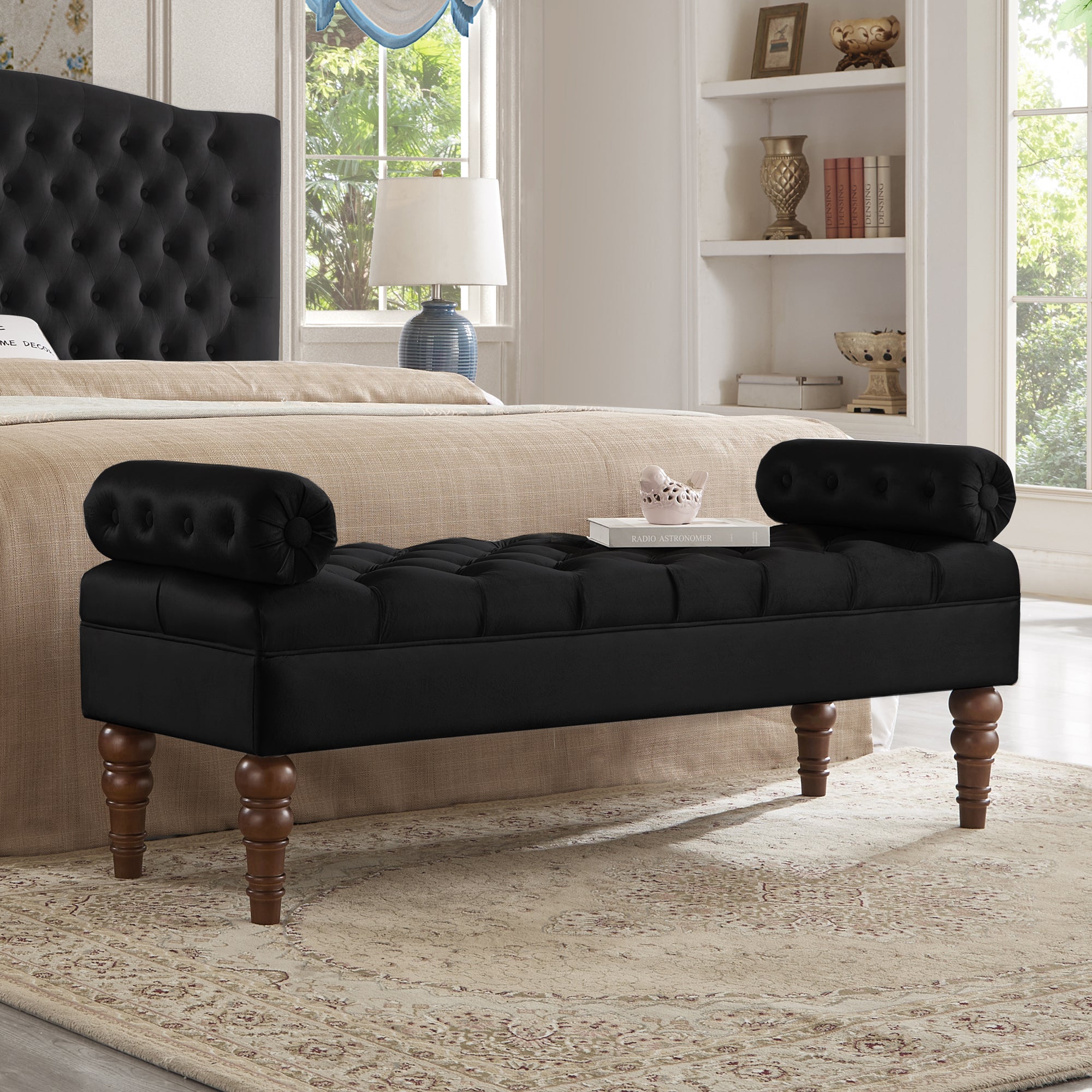 Black Velvet Tufted Bed Bench - Entryway & Living Room