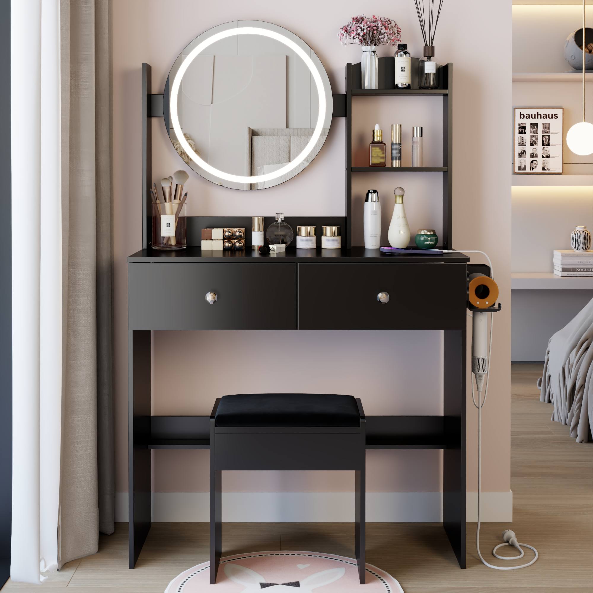 17" Round LED Vanity Table & Stool: Mirror, AC/USB, 3 Colors, Storage