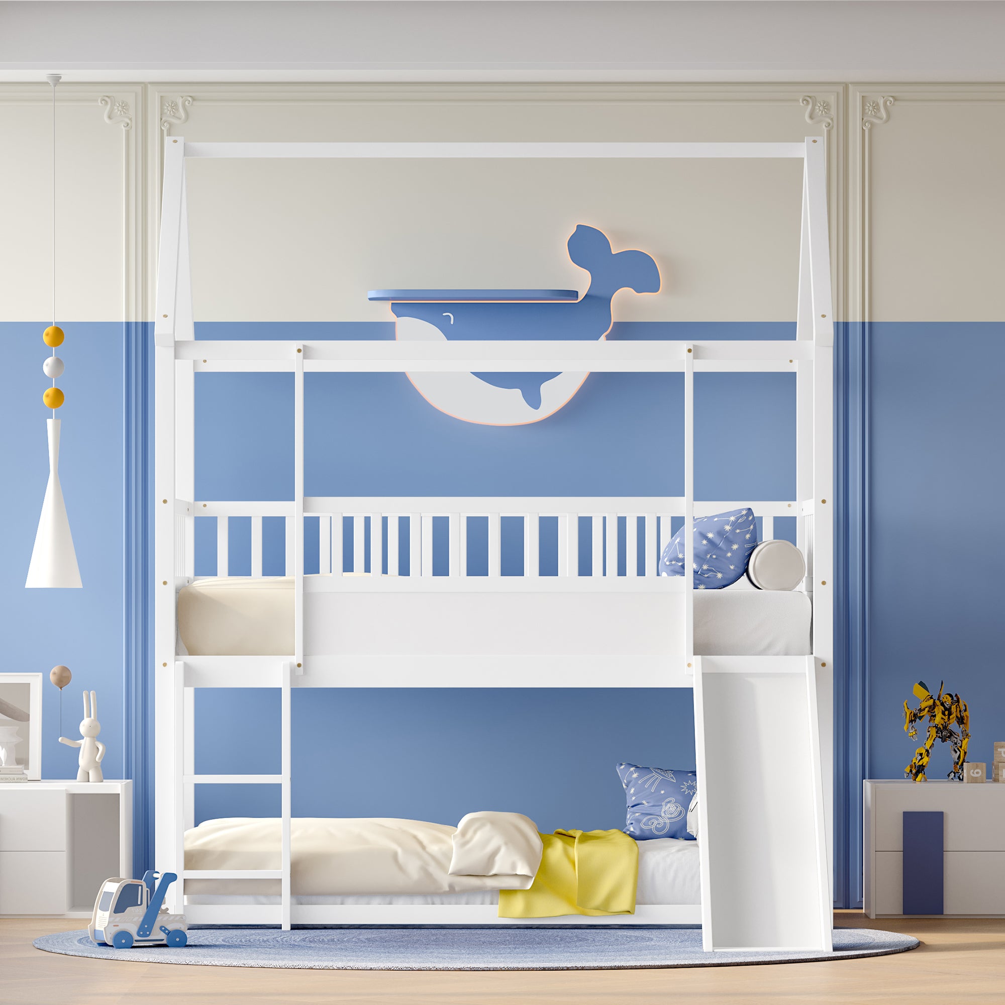 Twin Bunk Bed w/ Slide, Ladder & Guardrail