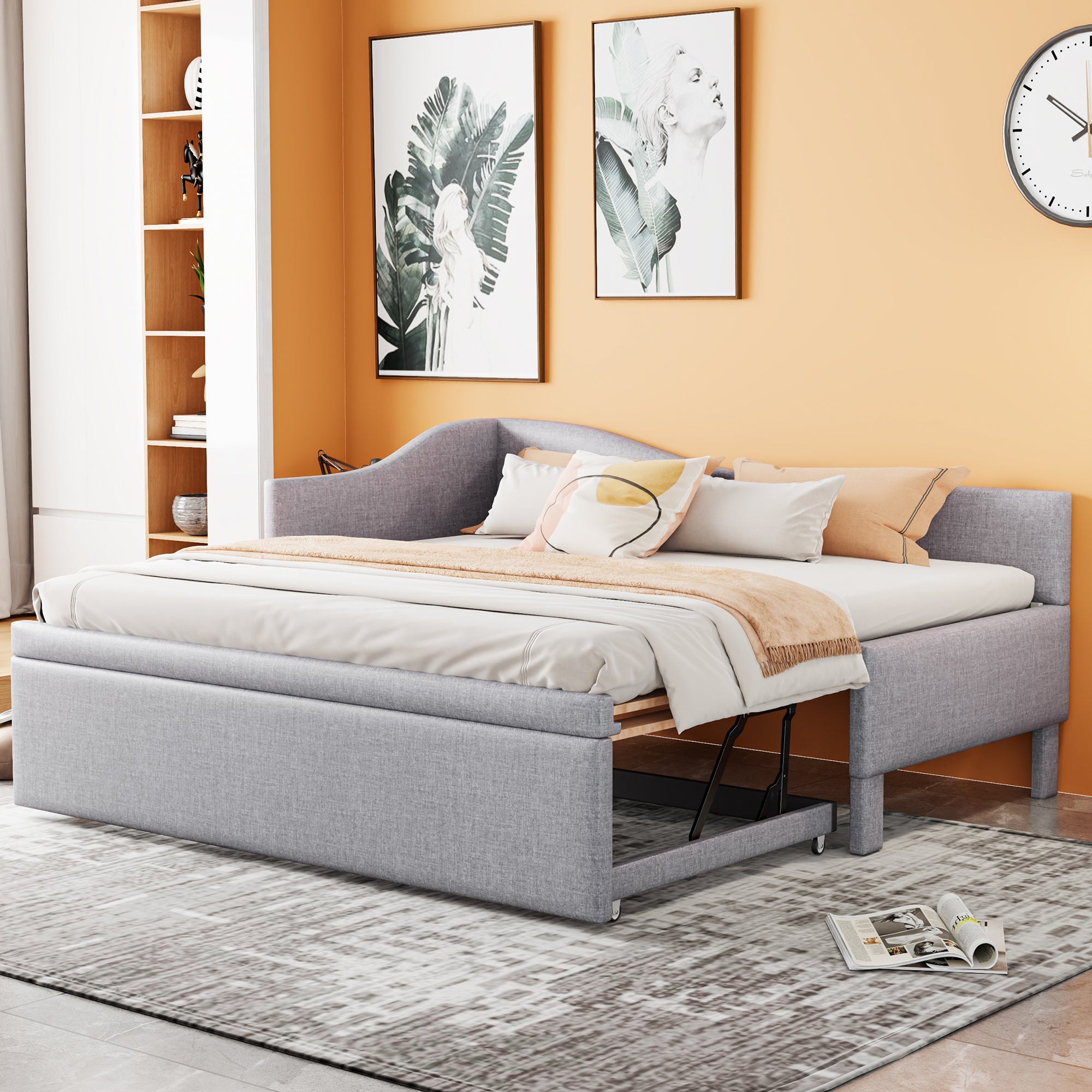 Twin Upholstered L-Shaped Daybed with Pop-Up Trundle - Gray