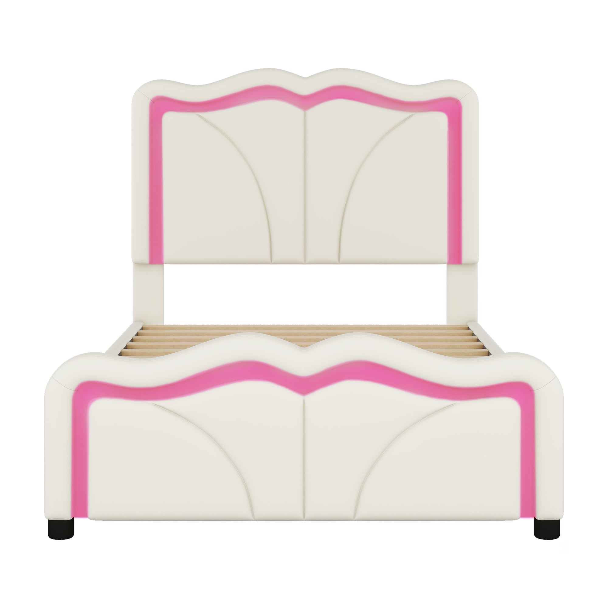 Twin Upholstered Platform Bed with LED & Adjustable Headboard, White