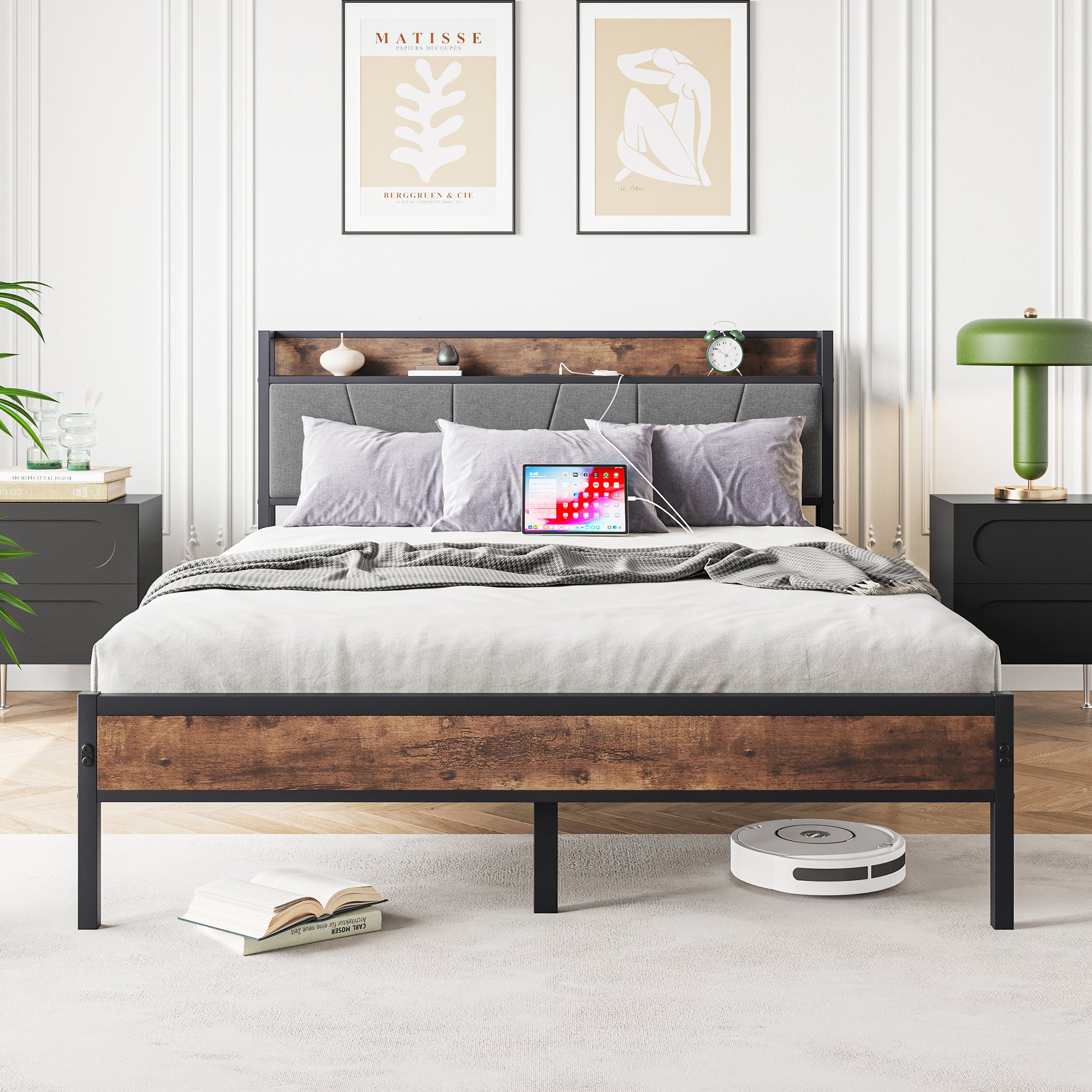 Queen Bed Frame: Storage Headboard, Charging, No Box Spring Needed