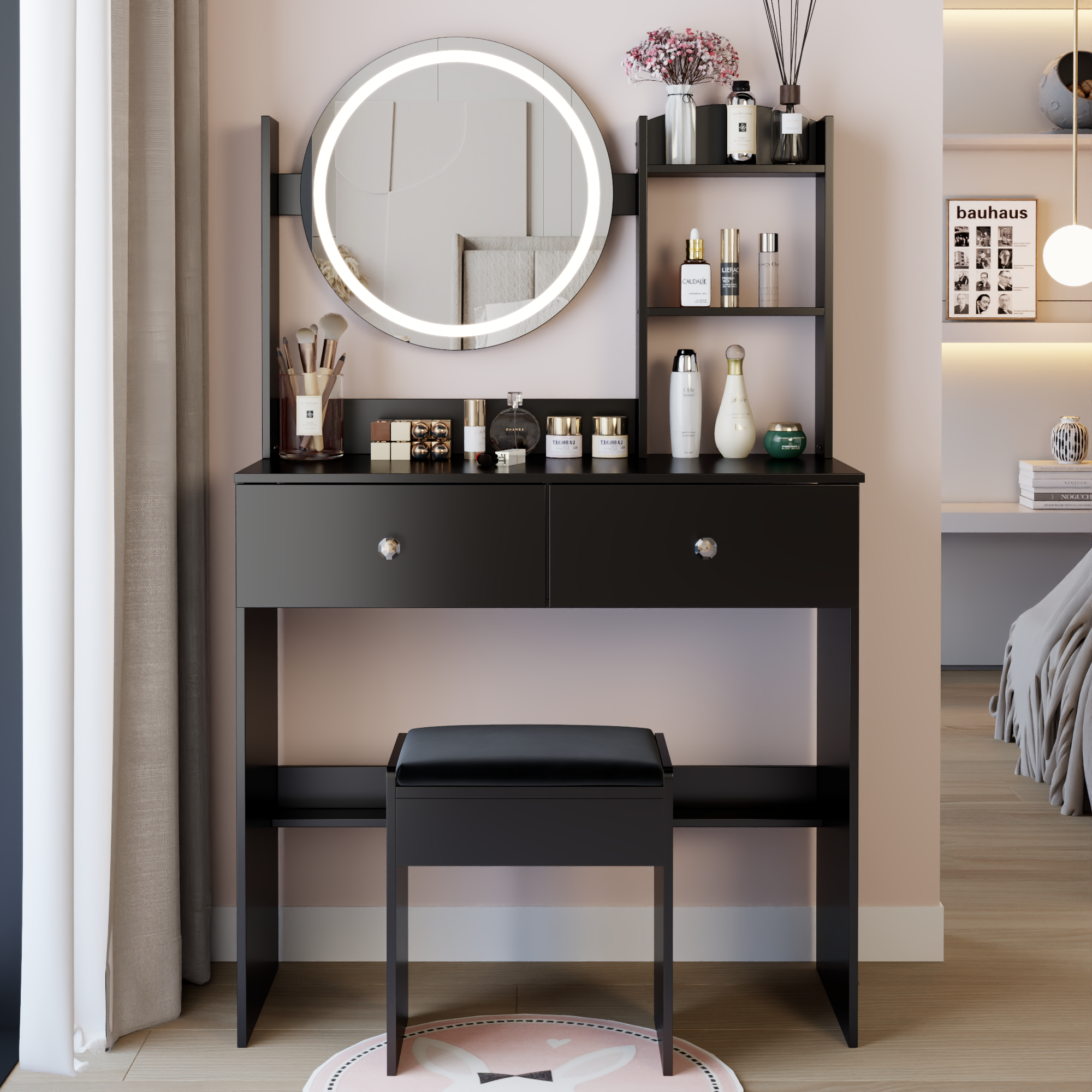 17" Round LED Vanity Table Stool Set w/ Storage & 3-Color Touch Light