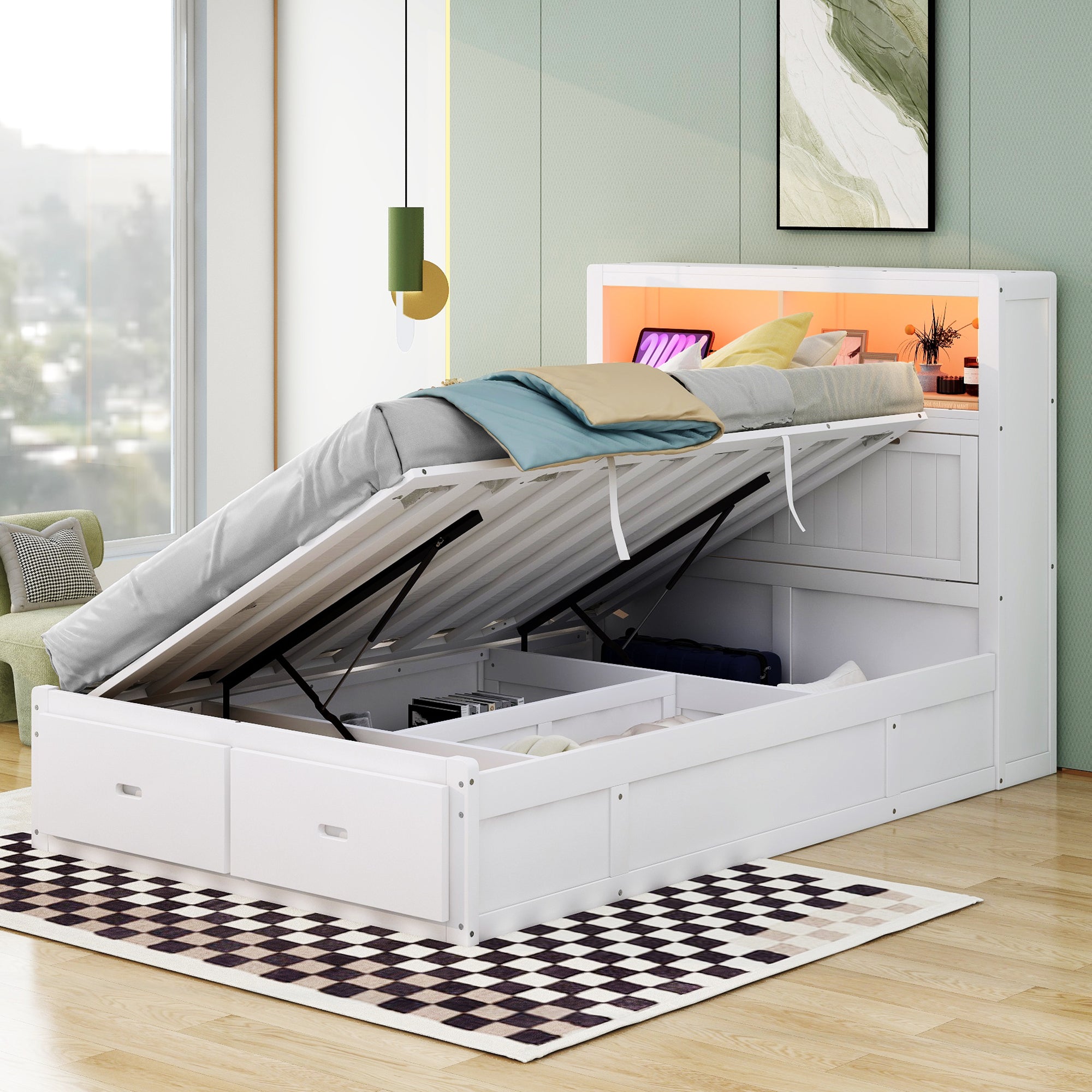 White Full Size Wood Hydraulic Platform Bed with Storage, LED, USB