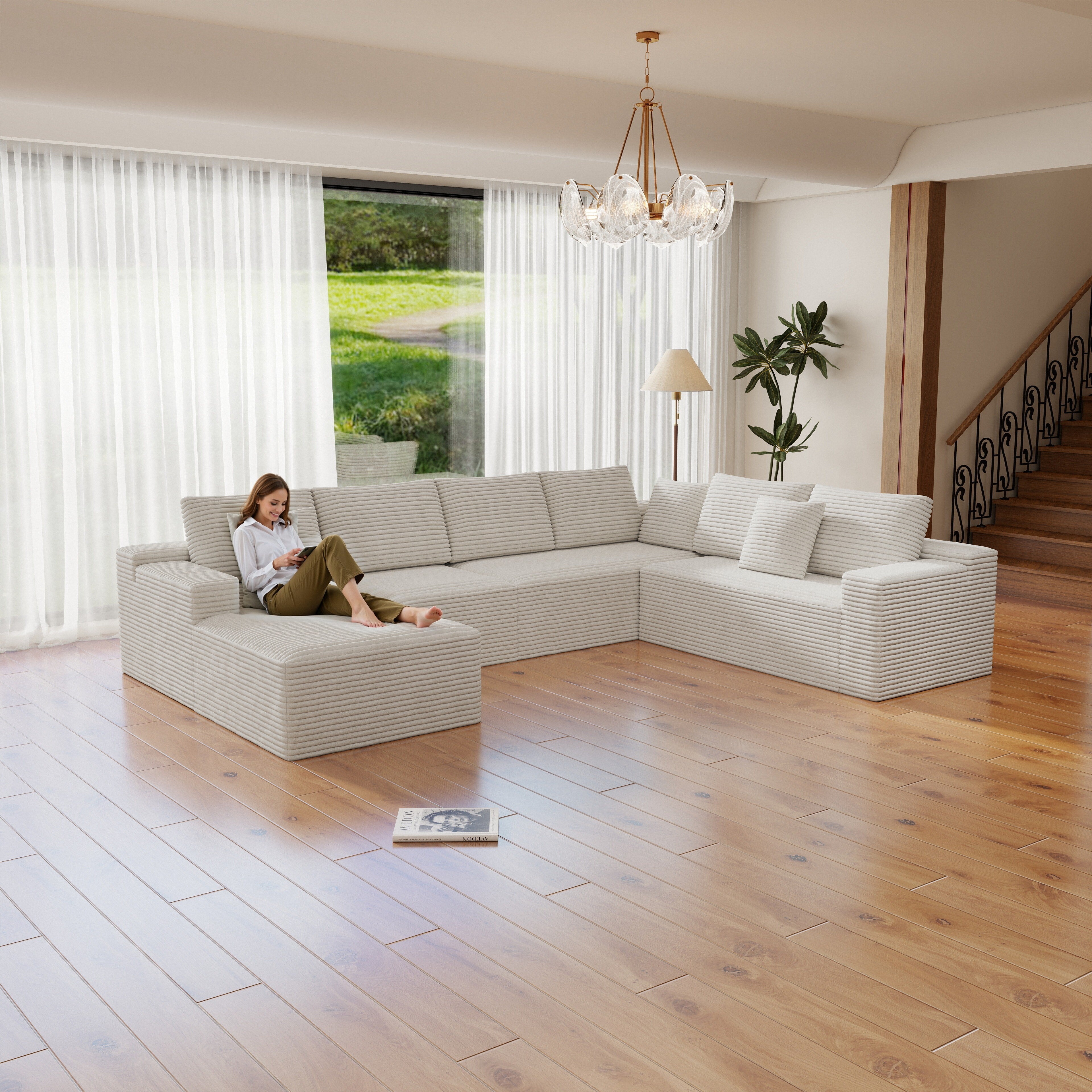 White Modular Sectional Sofa - Corduroy, No Assembly
