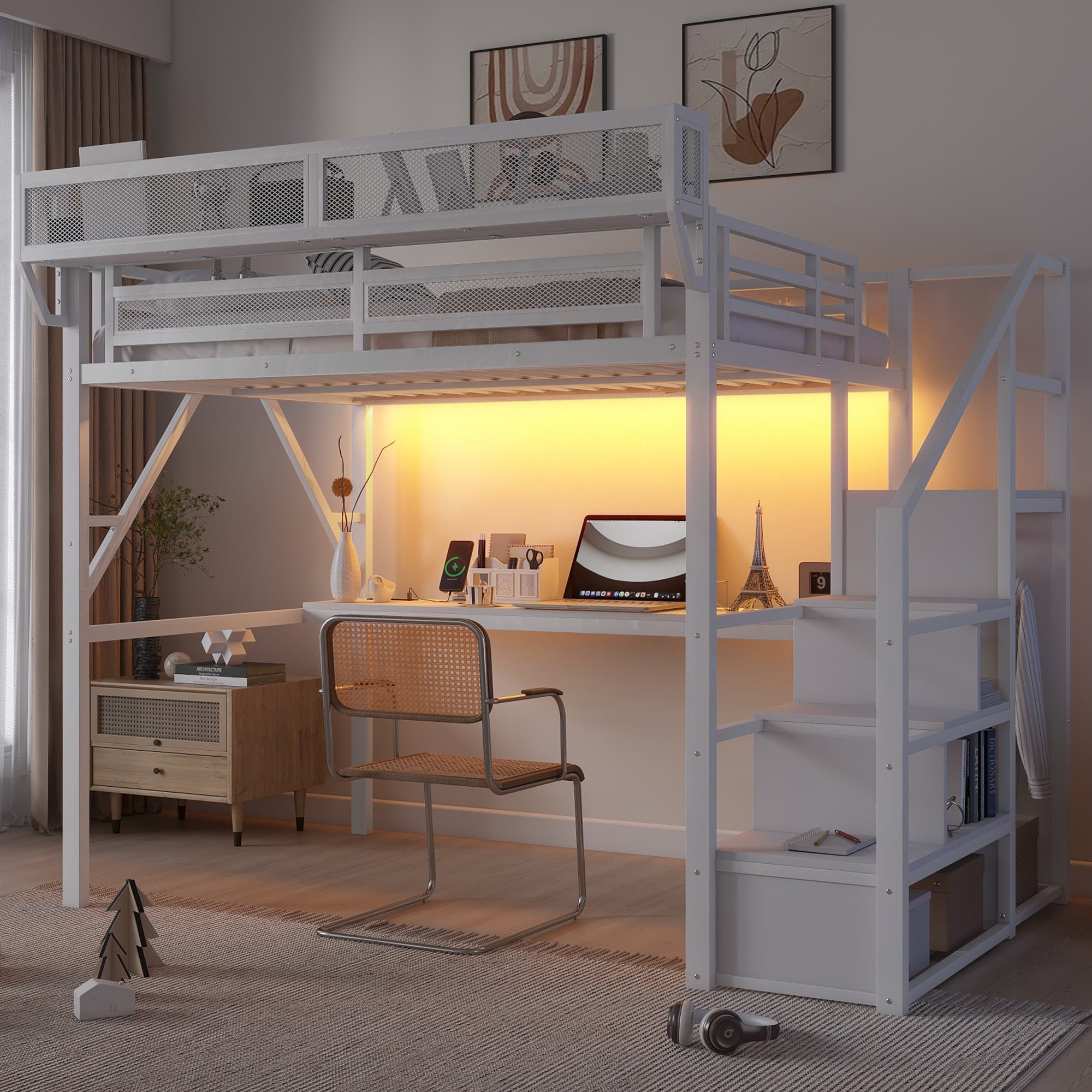 Full Size Metal Loft Bed w/Desk, Charging, Stairs, Light, White Kids
