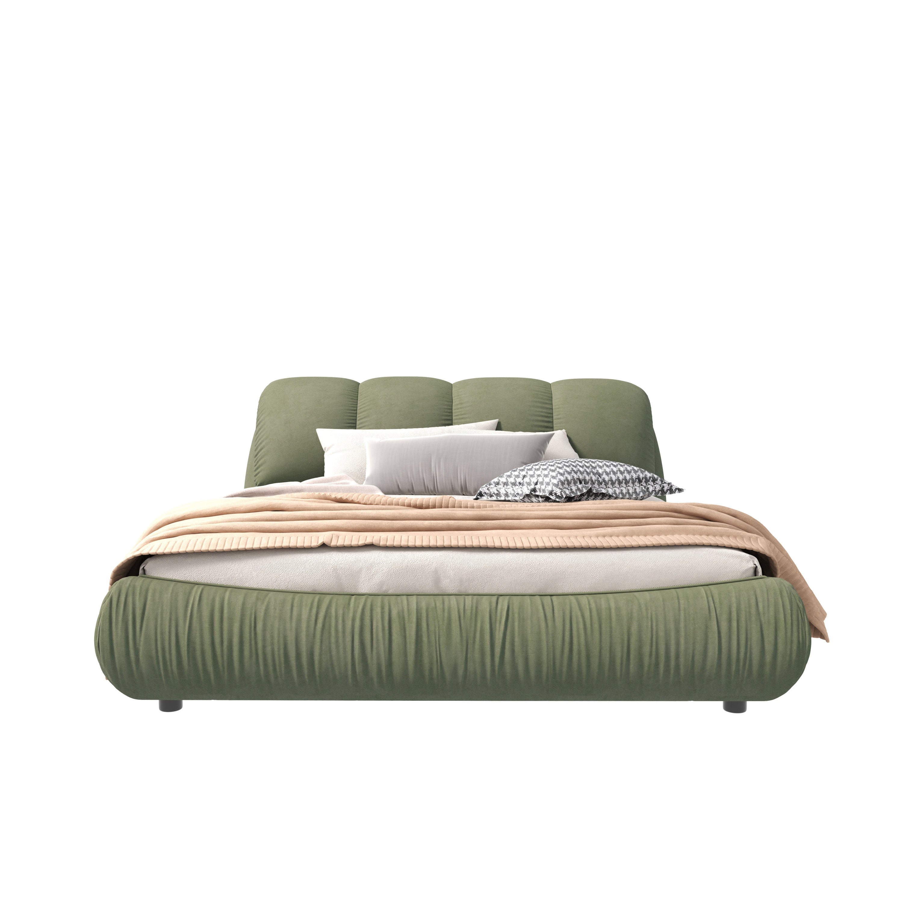 Green Queen Size Luxury Upholstered Platform Bed, Padded Backrest