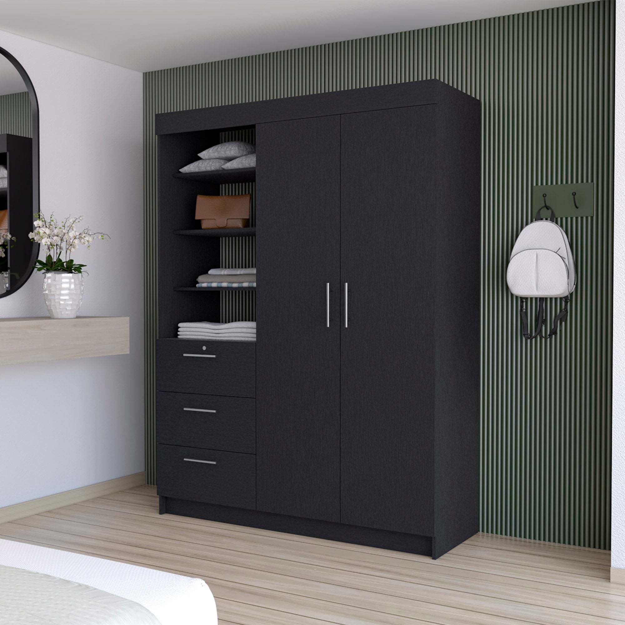Wenge 3-Drawer Armoire: Stylish Bedroom Storage Solution
