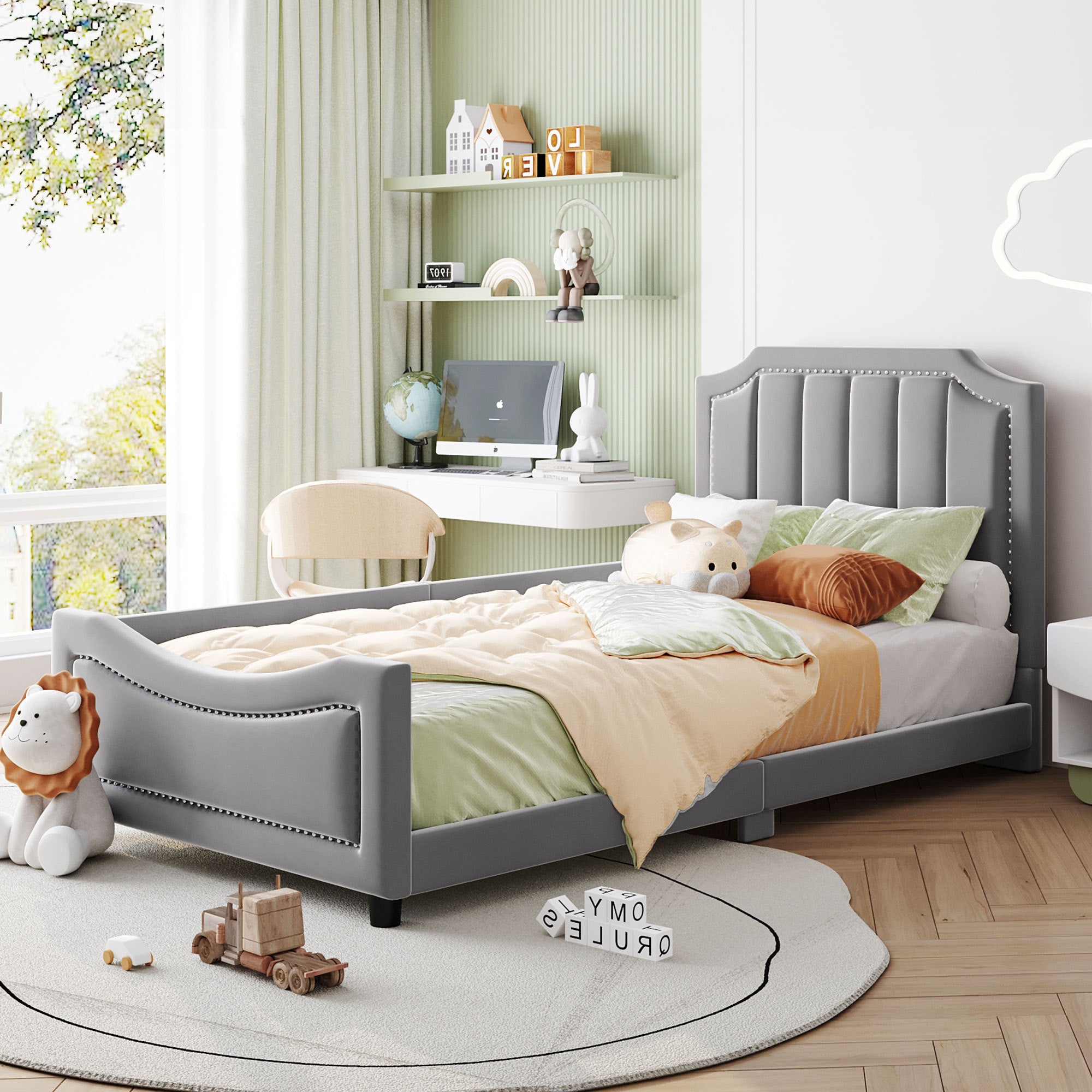 Gray Twin Upholstered Daybed with Classic Stripe Headboard