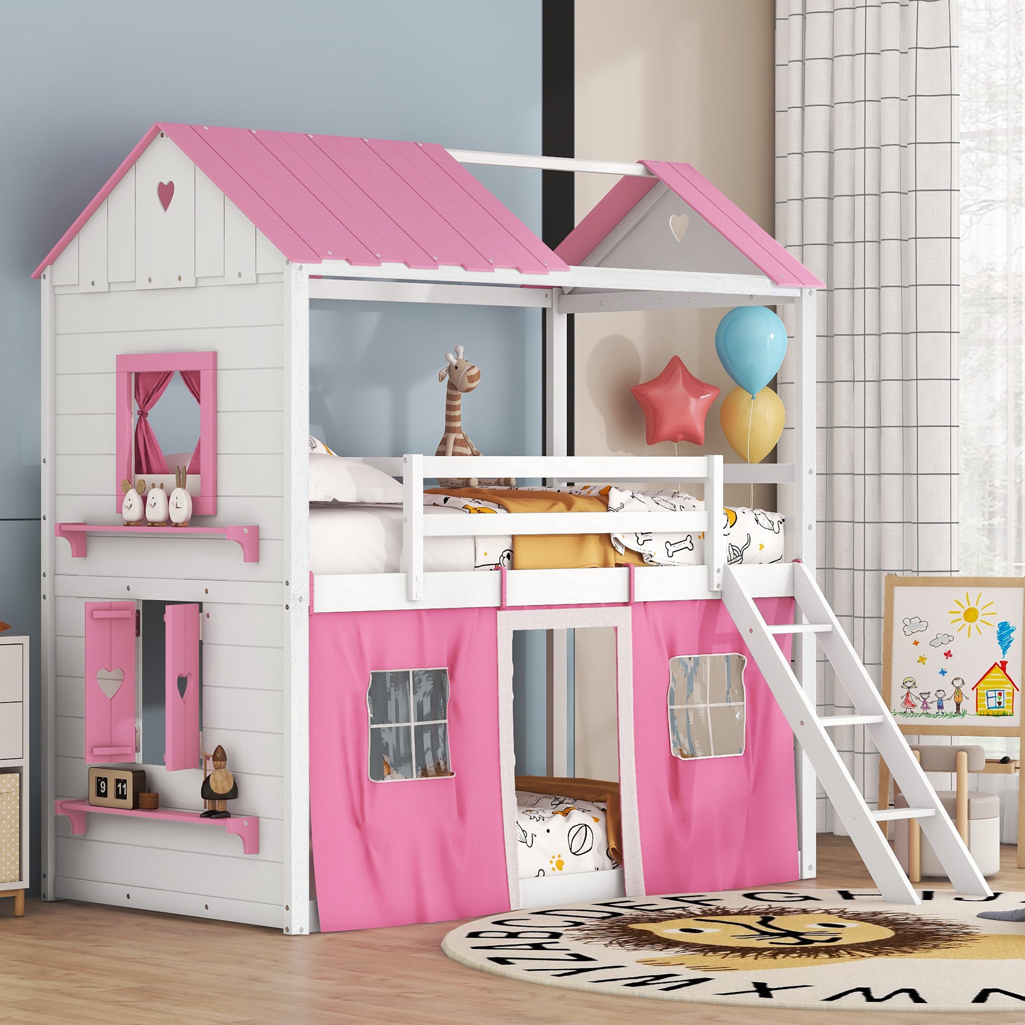 Pink+White Twin Wood House Bunk Bed with Tent & Windows