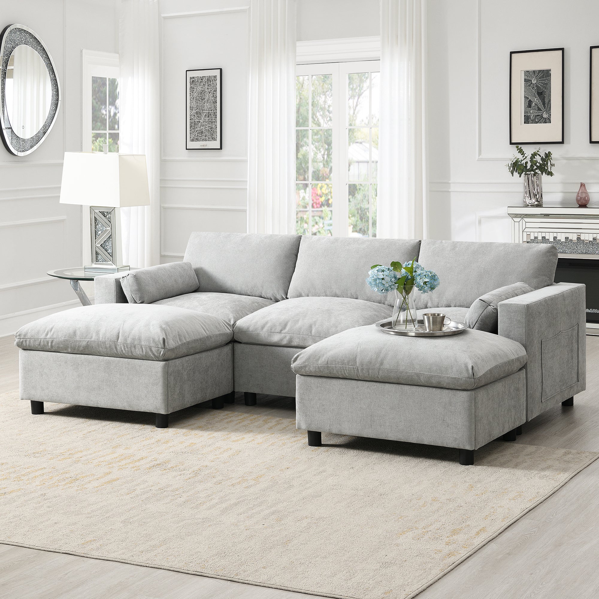 86.5'' Chenille Modular Sofa U-Shape 5-Seat Storage Cloud Couch