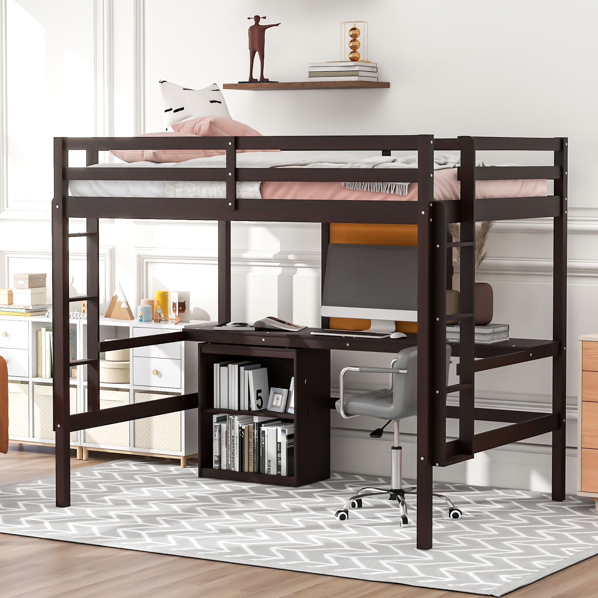 Full Size Loft Bed with Desk, Drawers & Board - Espresso Wooden Frame