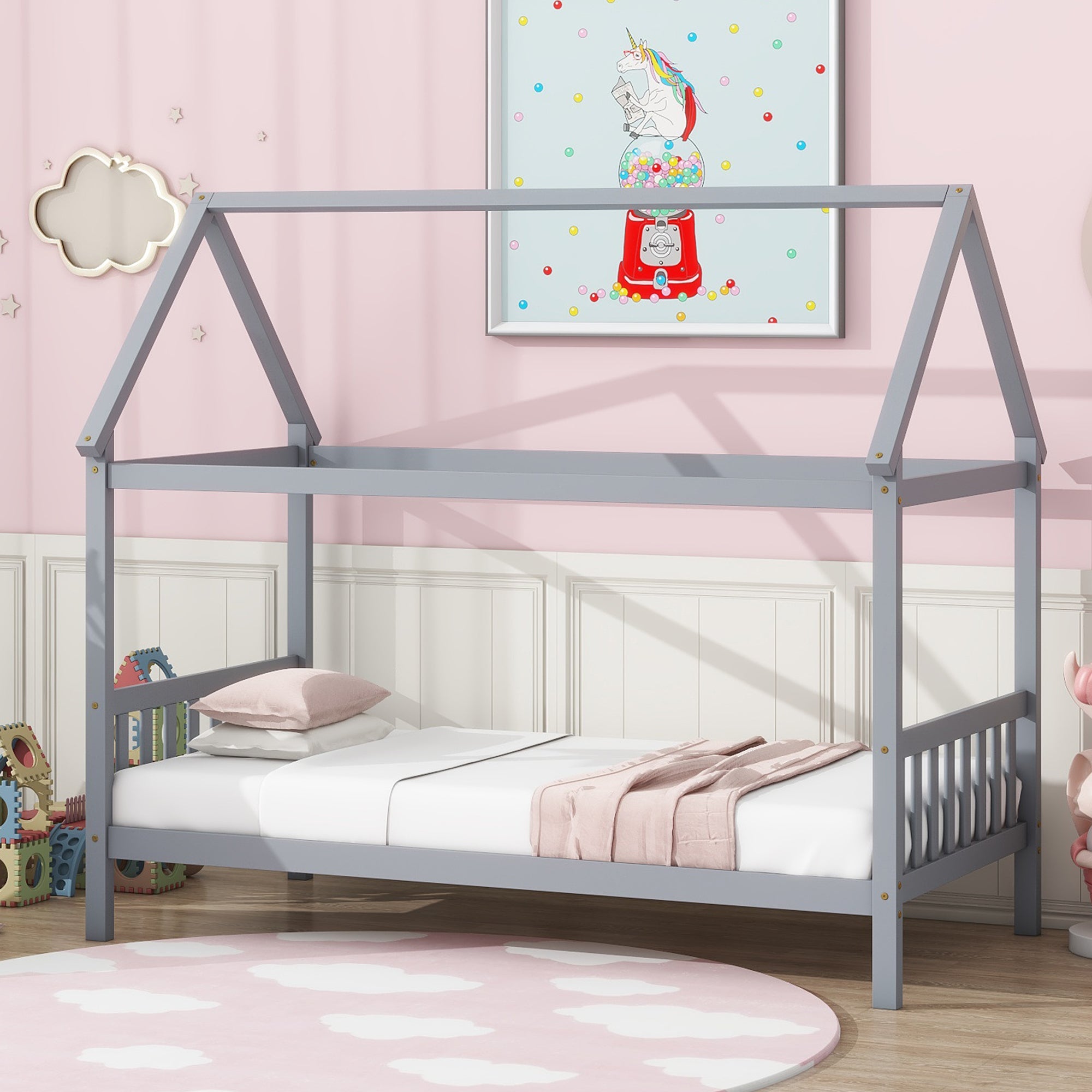 Twin House Bed: Grey Rubberwood Frame