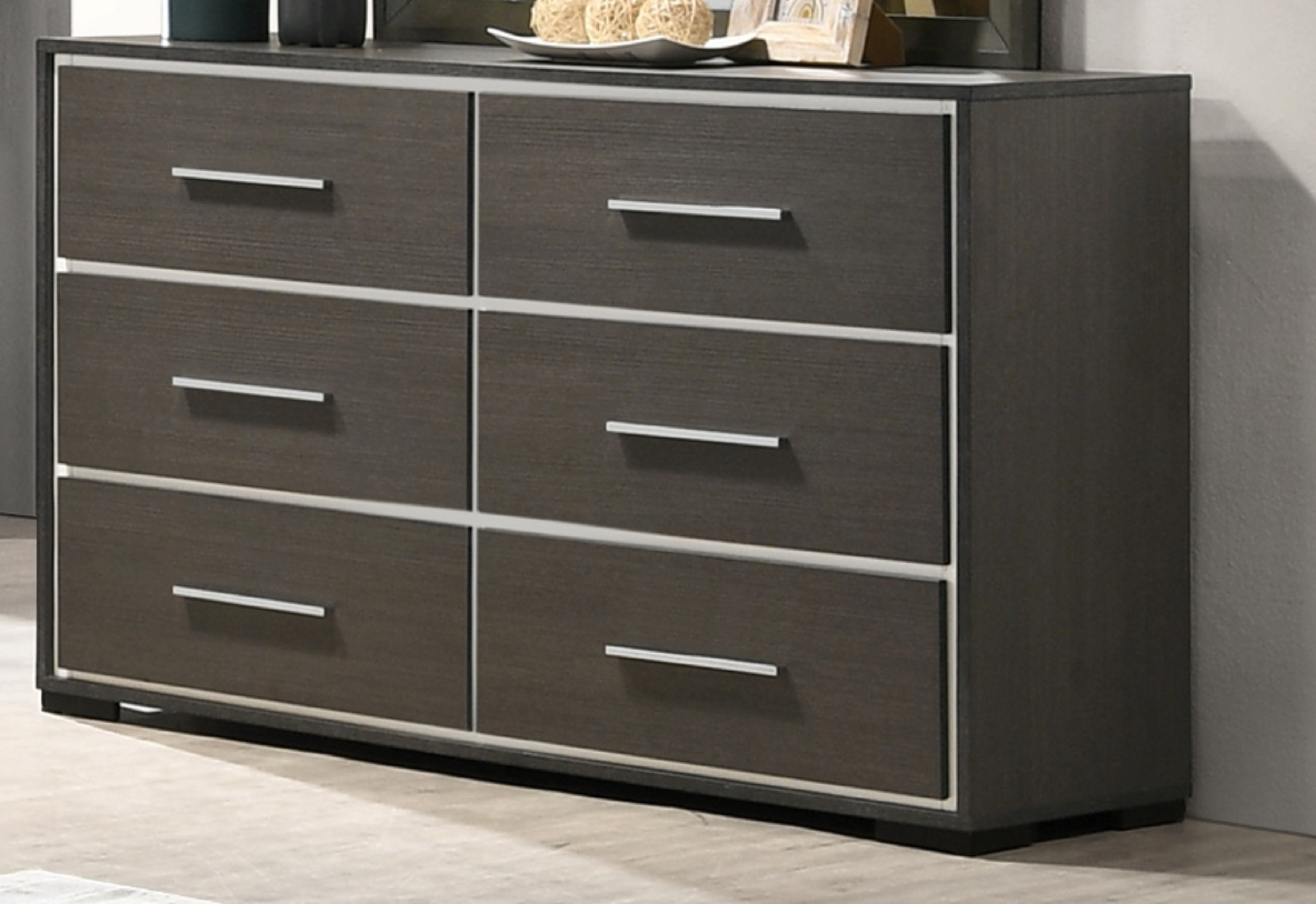 Contemporary 6-Drawer Dresser - Gray Rustic, Chrome Accents