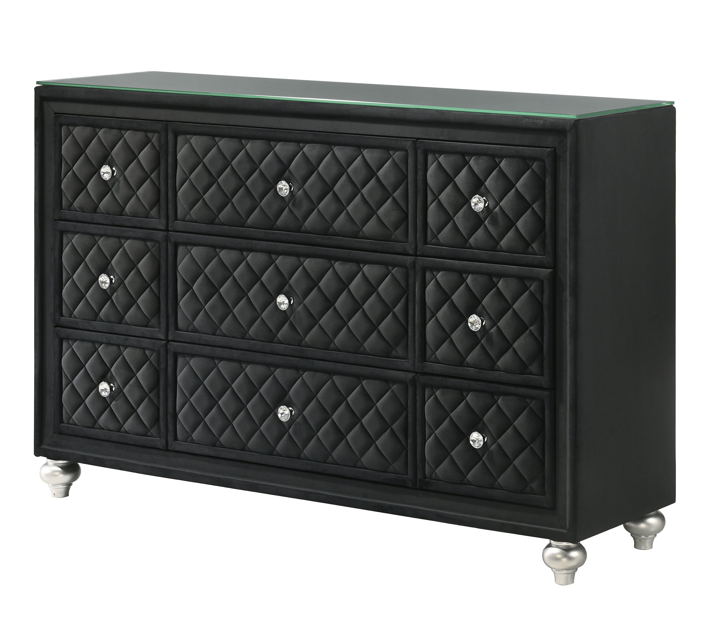 Black Velvet Tufted 9-Drawer Dresser, Faux Crystal Knobs