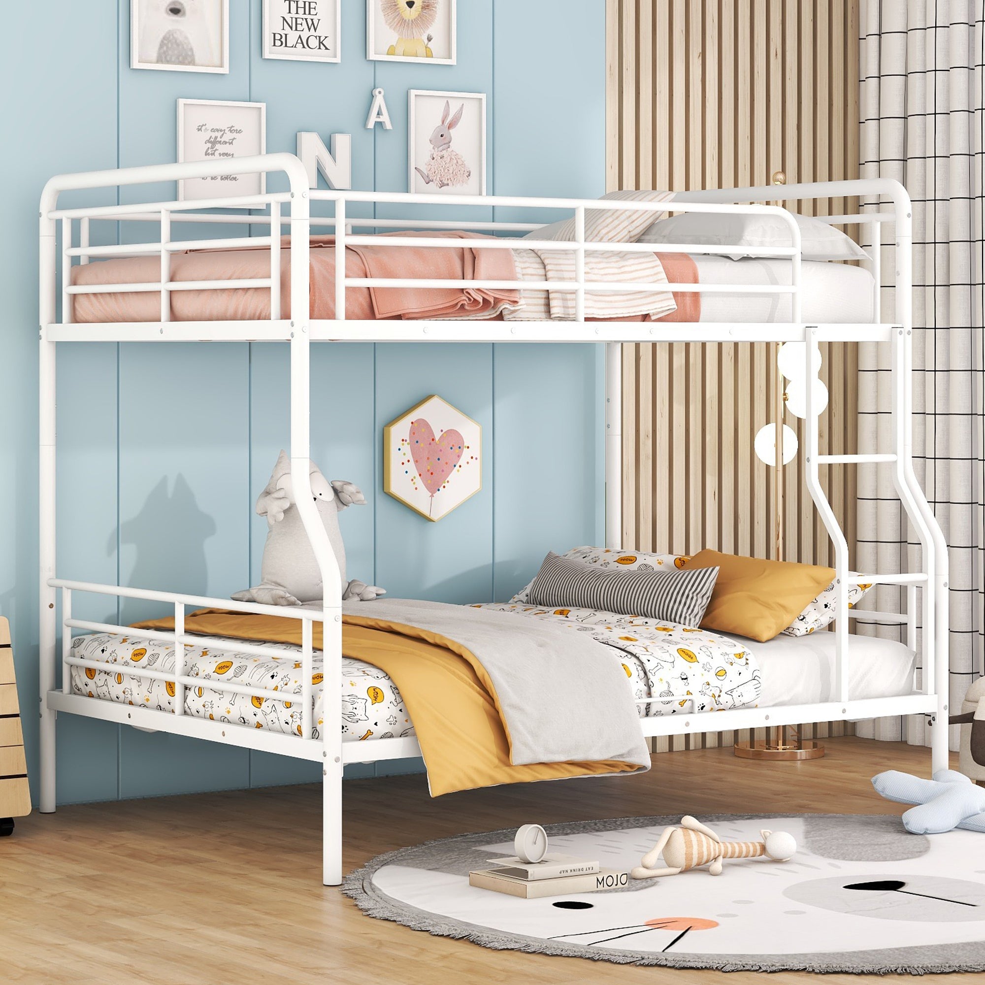 Full XL Over Queen Metal Bunk Bed, White - Space-Saving Design
