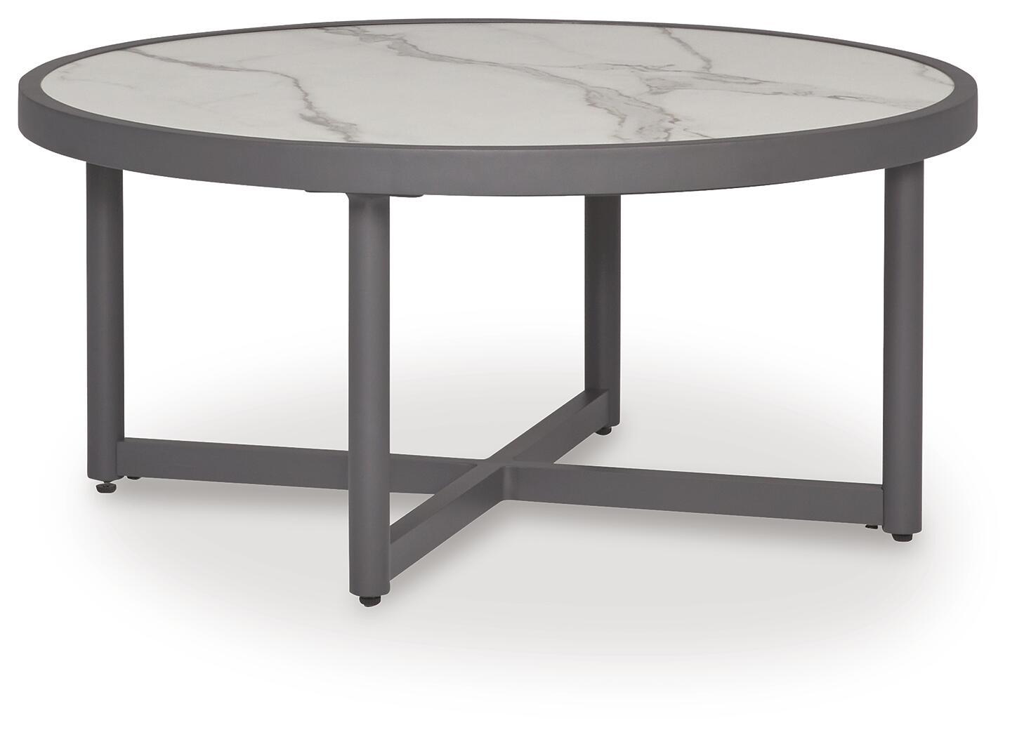Gray round table with light marble-look top, X-style apron, and four legs