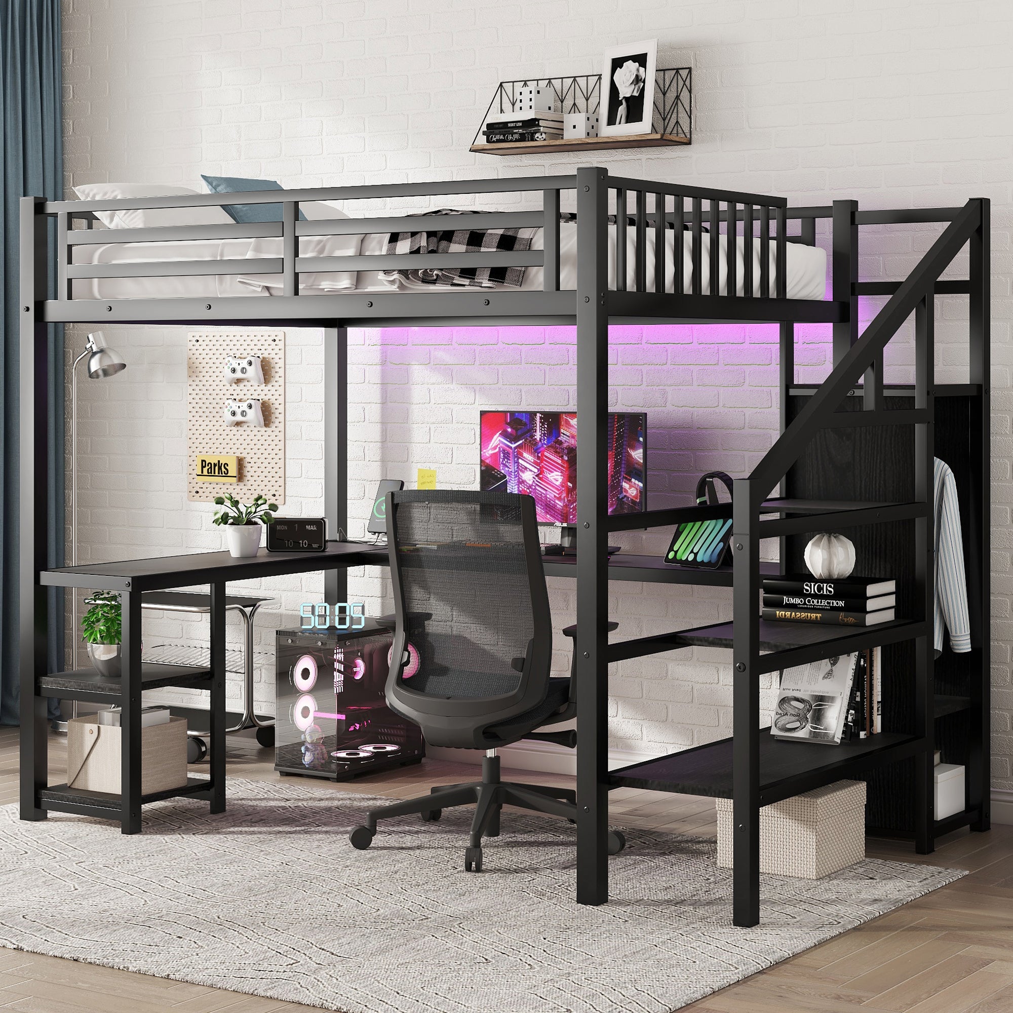 Full Metal Loft Bed: Desk, Wardrobe, LED & USB - Kids/Adults Black