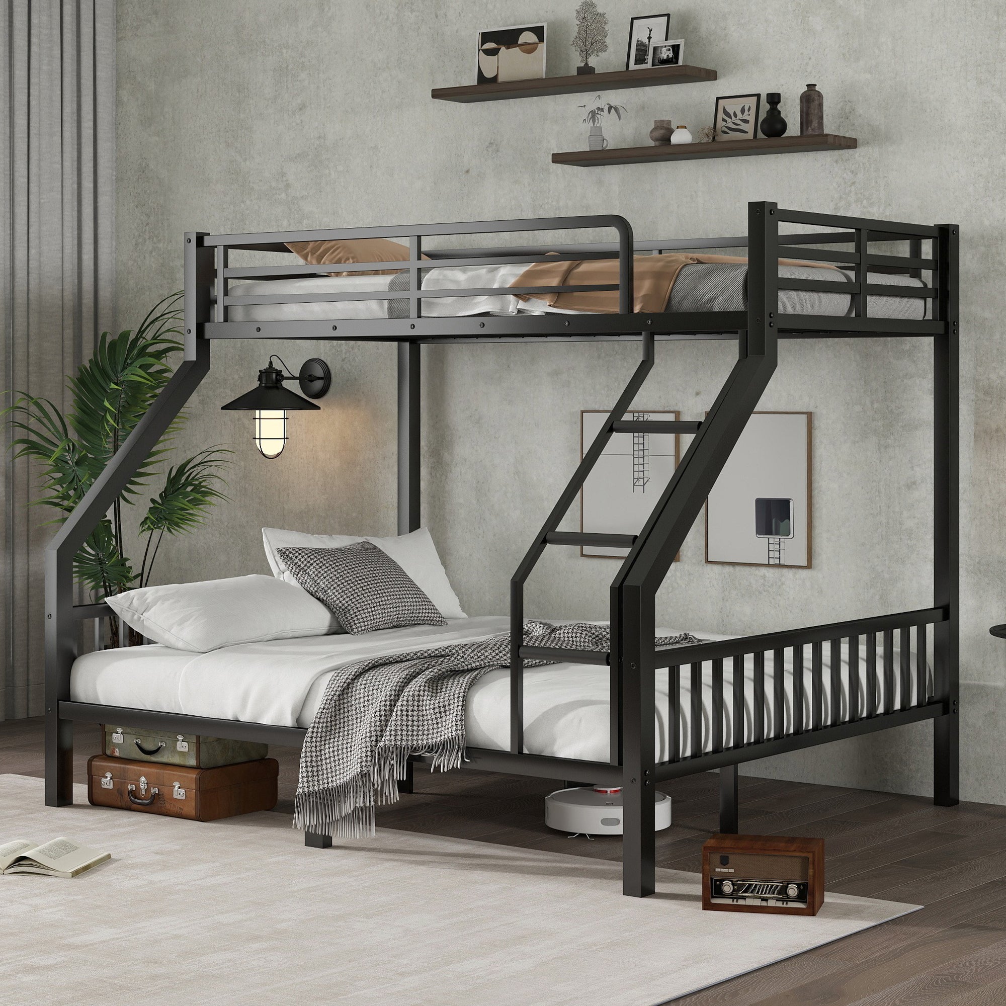 Twin XL Over Queen Metal Bunk Bed with Ladder & Slats - Adults/Teens Black
