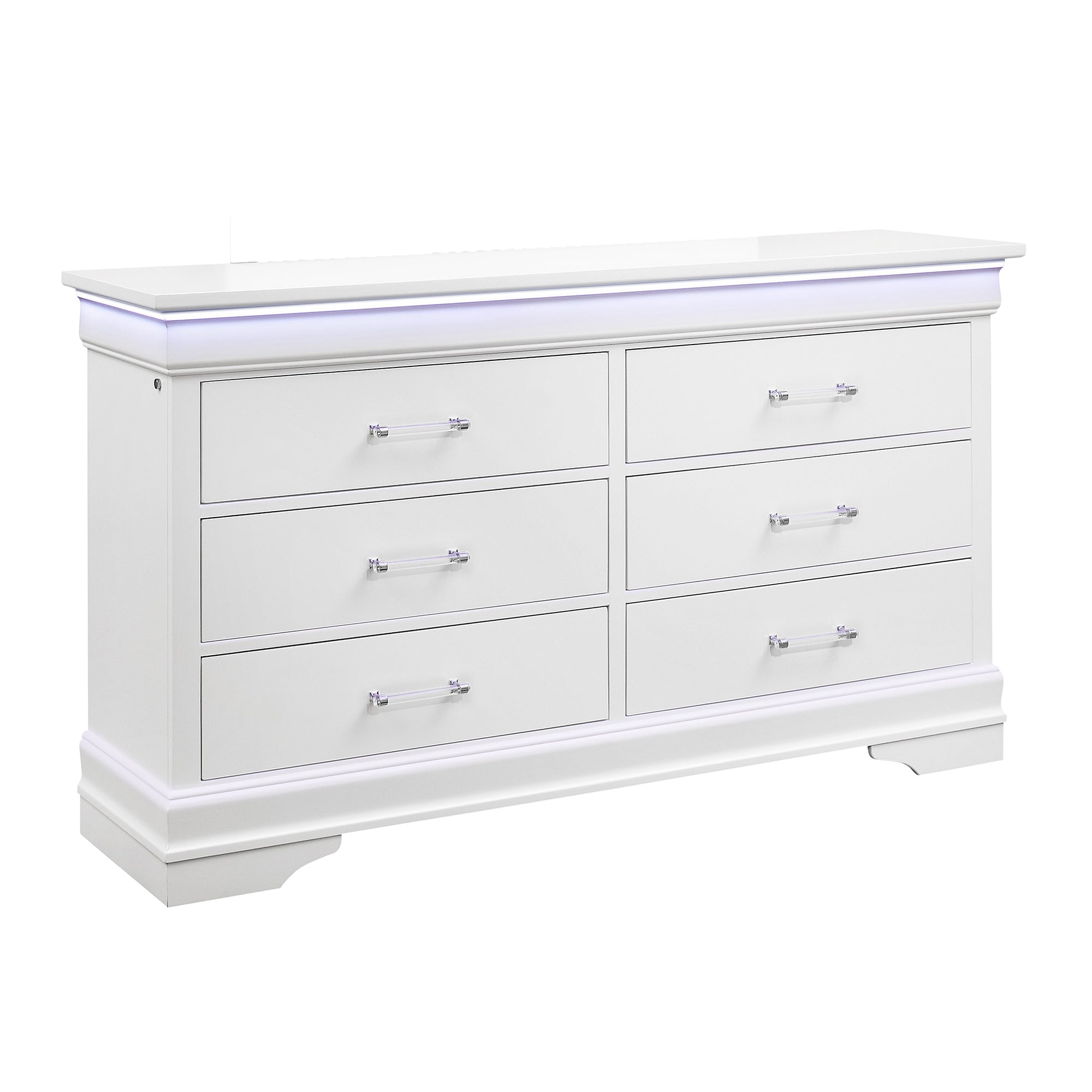 Charlston Transitional White Dresser w/ LED, Solid Wood & MDF