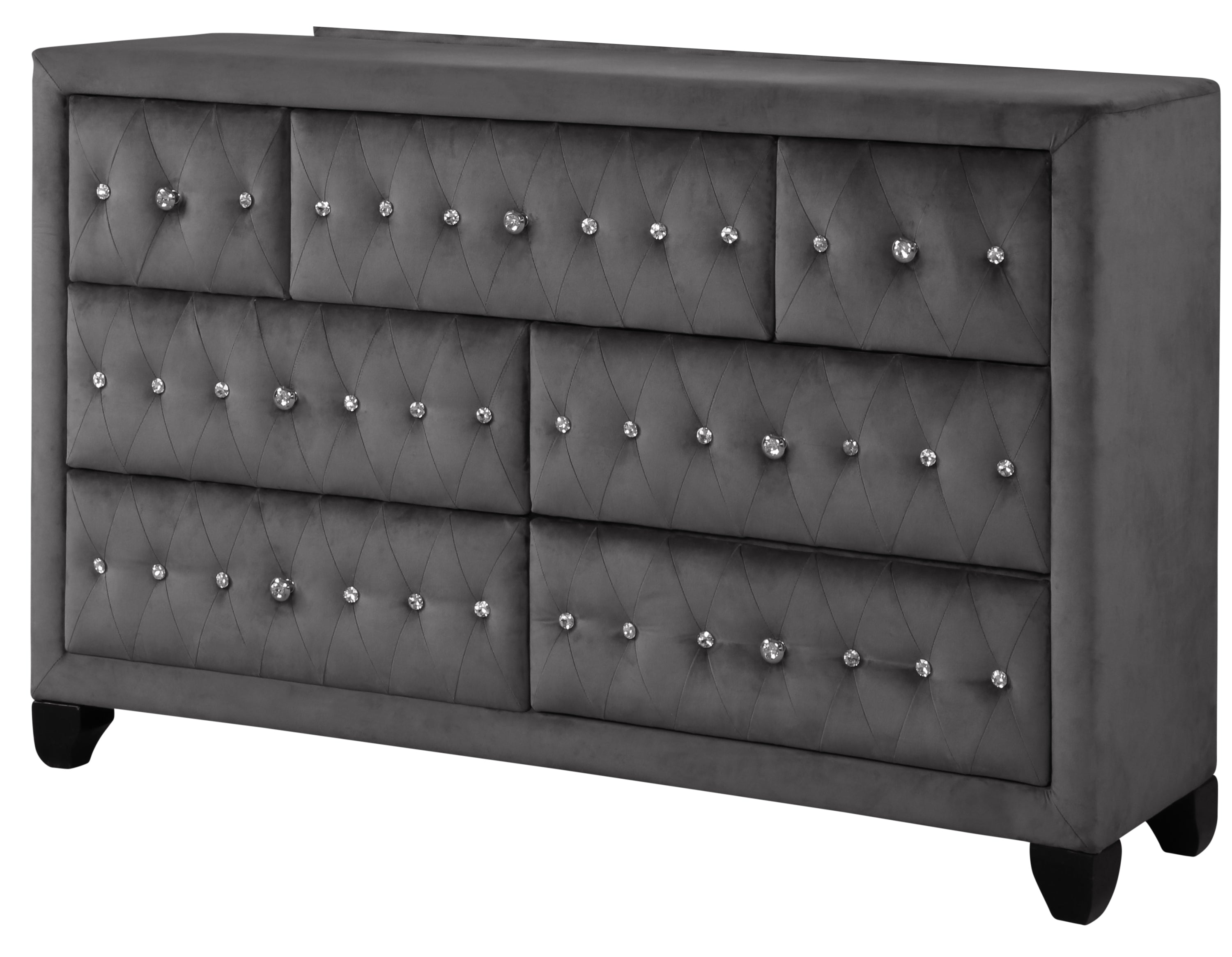 Sophia Gray Velvet Tufted 7-Drawer Dresser Modern Crystal