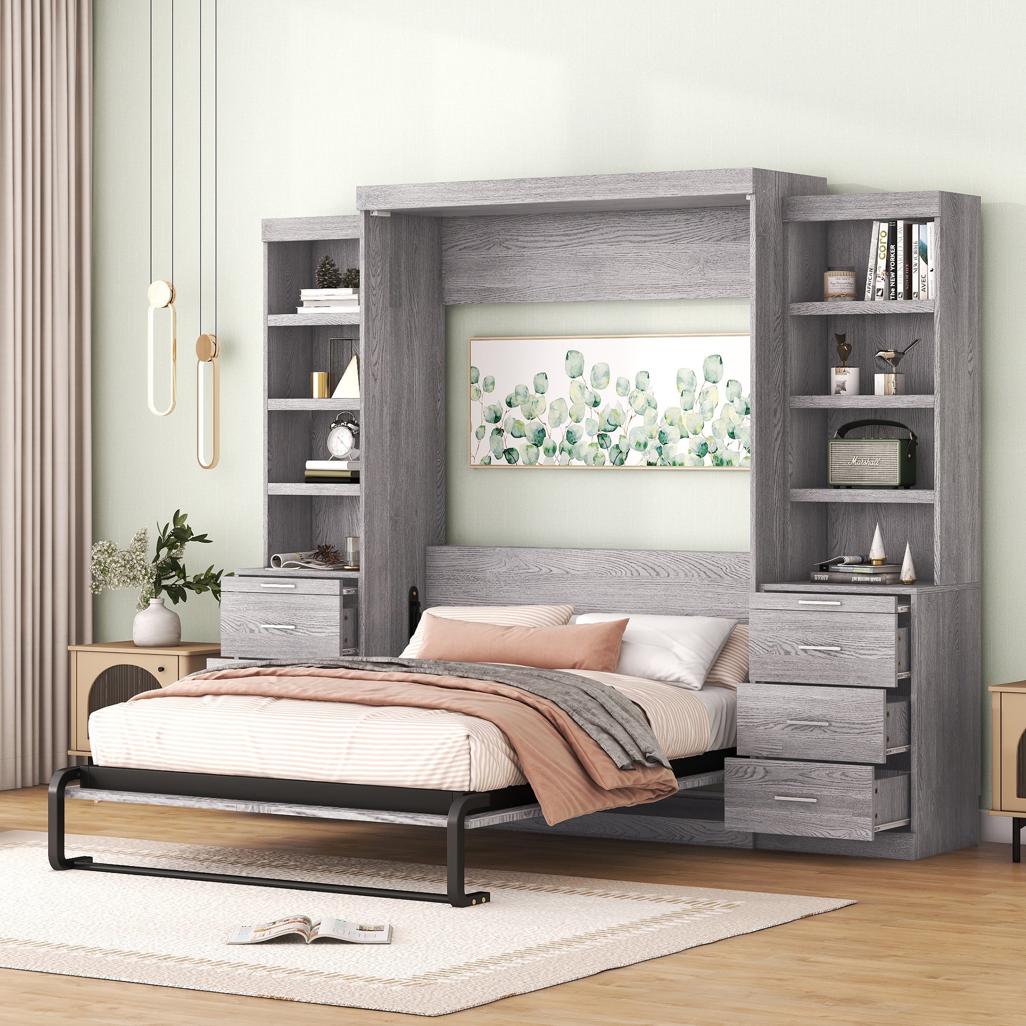 Full Size Murphy Bed: Gray Wall Bed w/ Storage, Shelves & Drawers