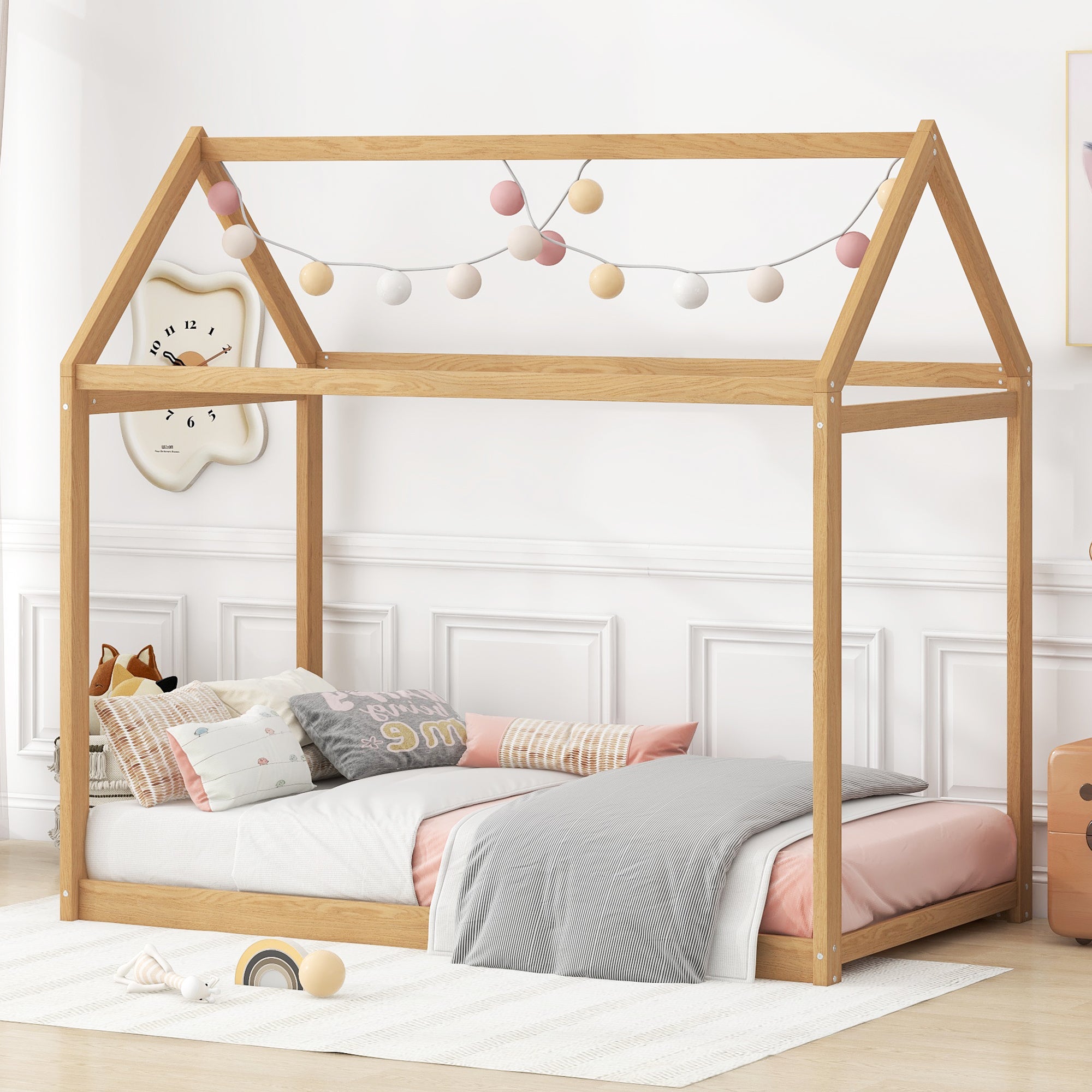 Twin Wooden House Bed Frame - Natural Wood Color Kids Fun Sleep