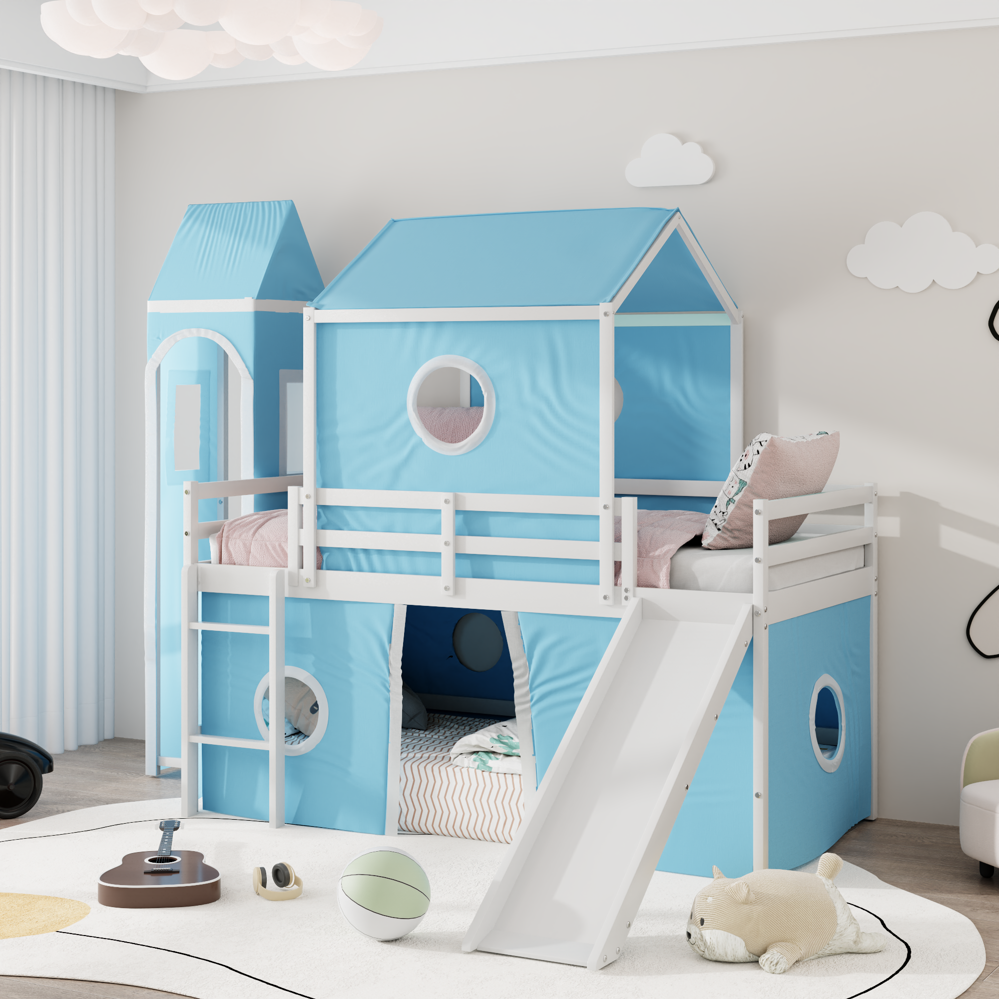 Twin Loft Bed with Slide, Pink Tent & Tower - Blue