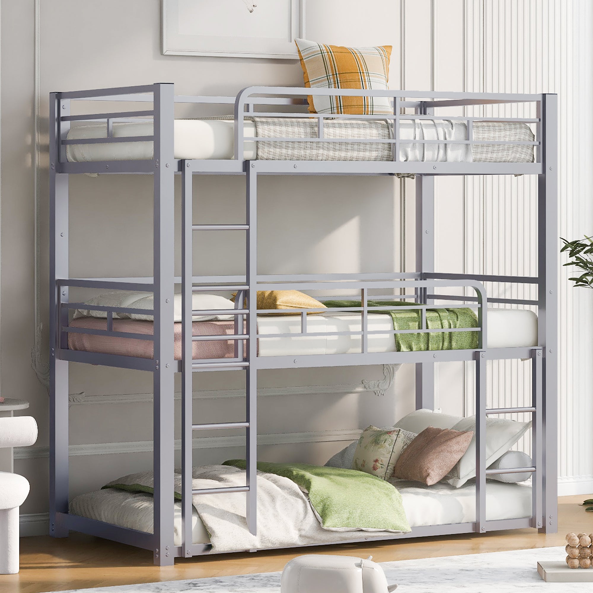 Silver Metal Twin Triple Bunk Bed for Kids & Teens
