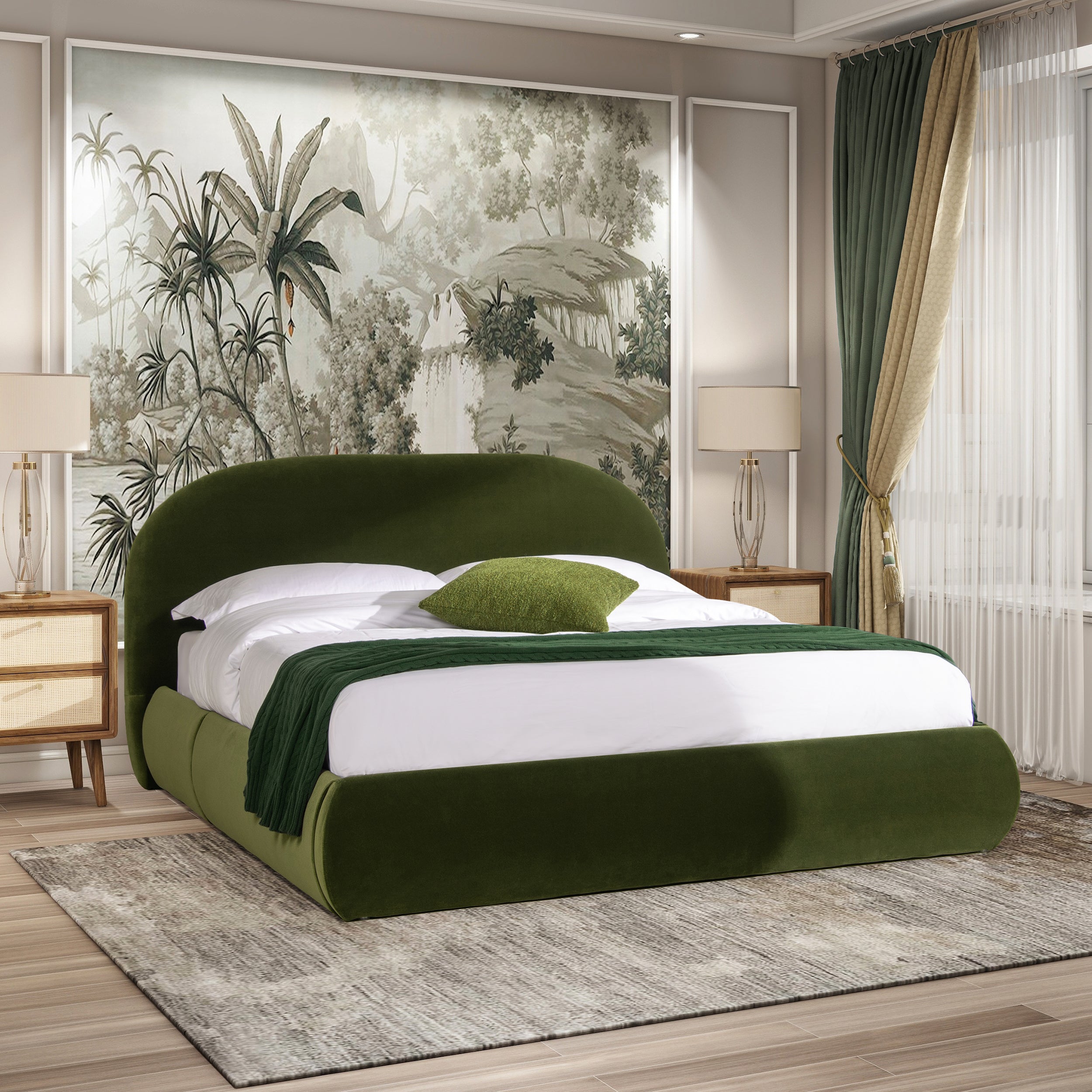 Archie Puffy Upholstered Platform Bed - Olive Green Performance Velvet
