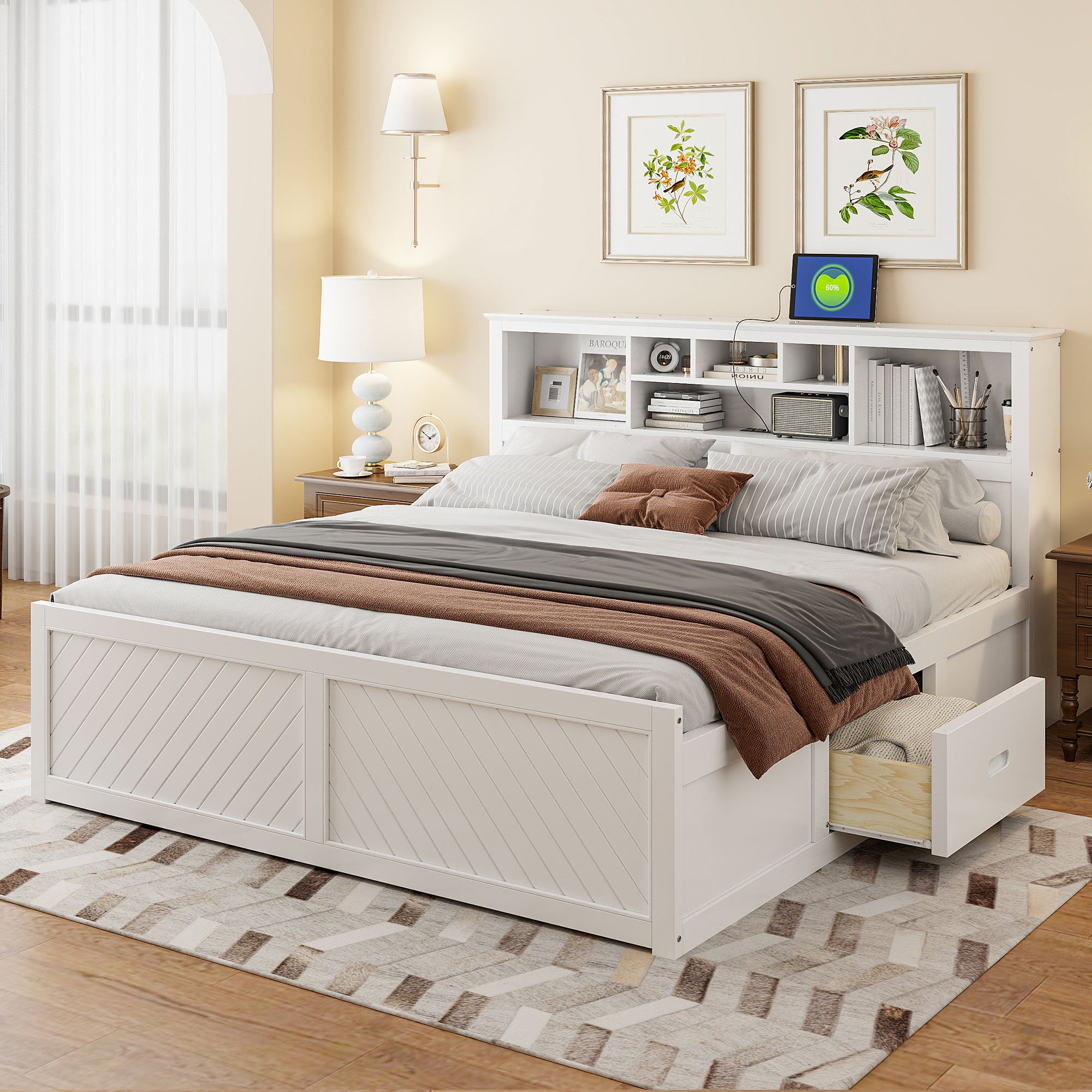 King Size White Wood Platform Bed w/ Storage Headboard, USB & Drawers