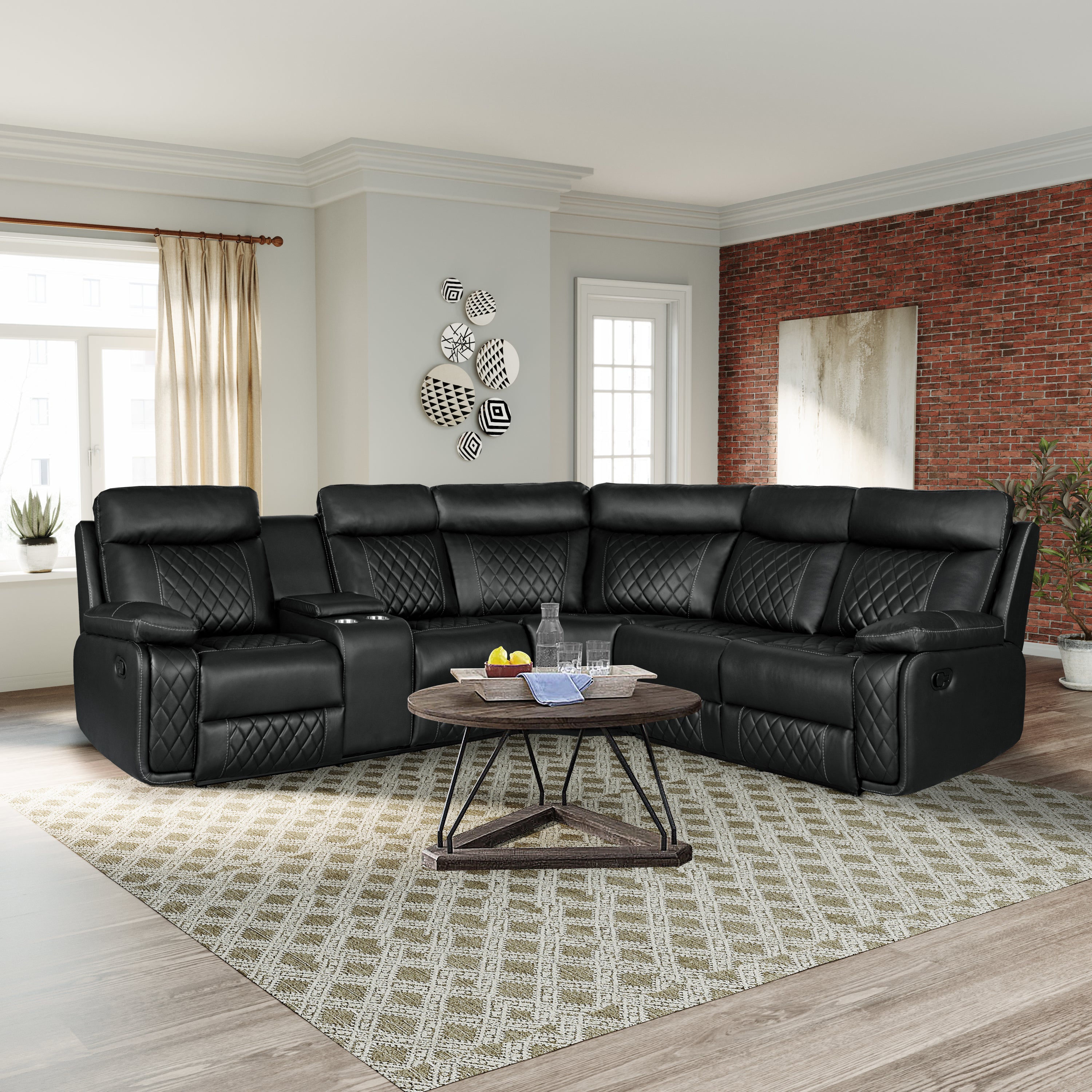 Black PU Home Theater Recliner Sofa with Cup Holder & Storage