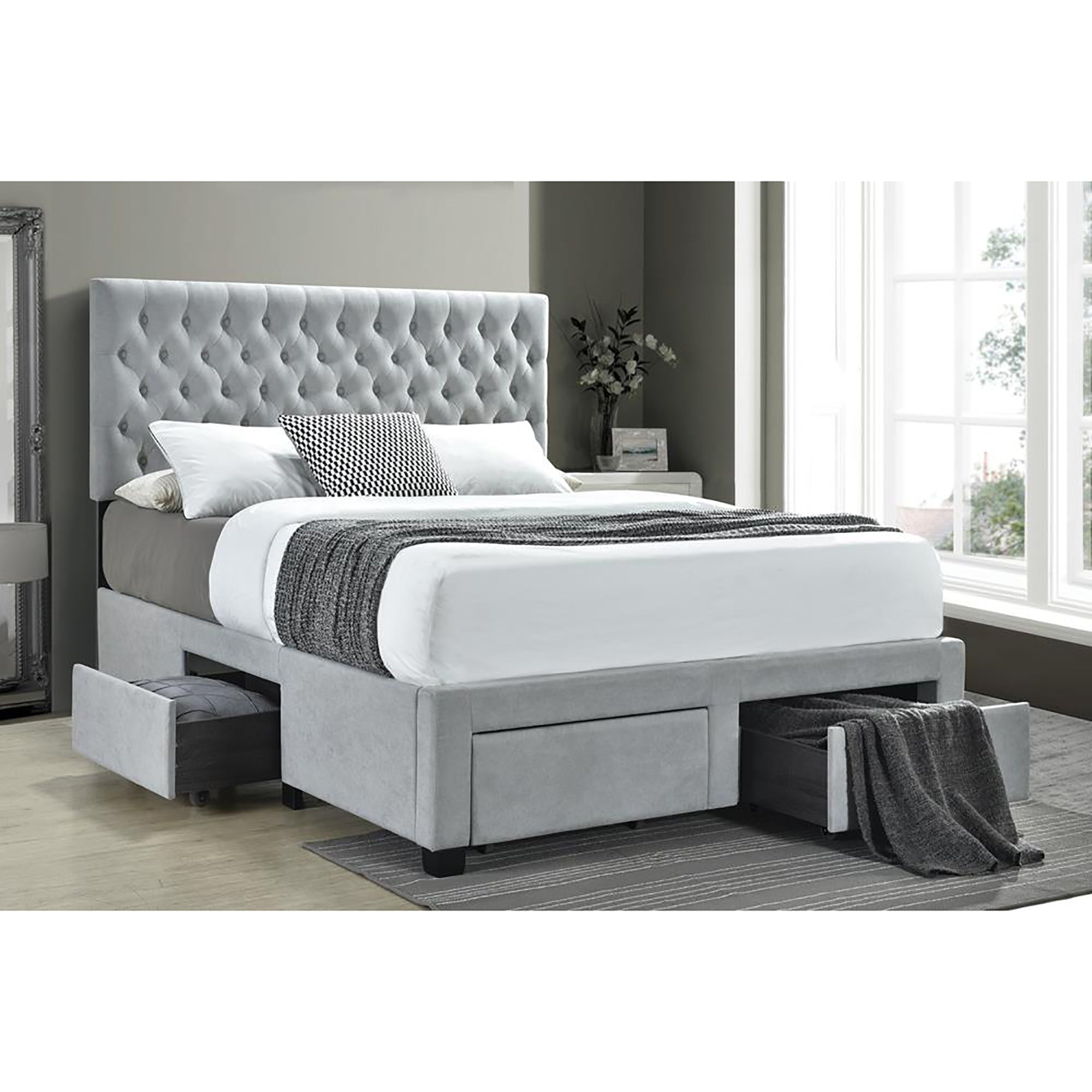 Light Grey Tufted Queen 4-Drawer Storage Bed