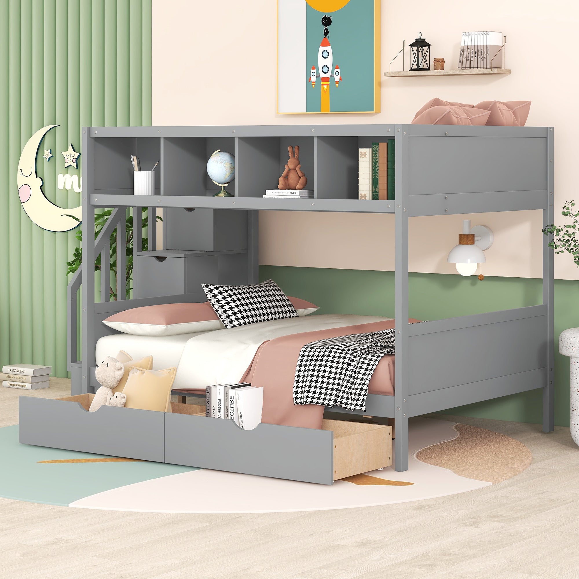 Twin over Full Bunk Bed with Shelves, Storage Stairs & 2 Drawers, Gray