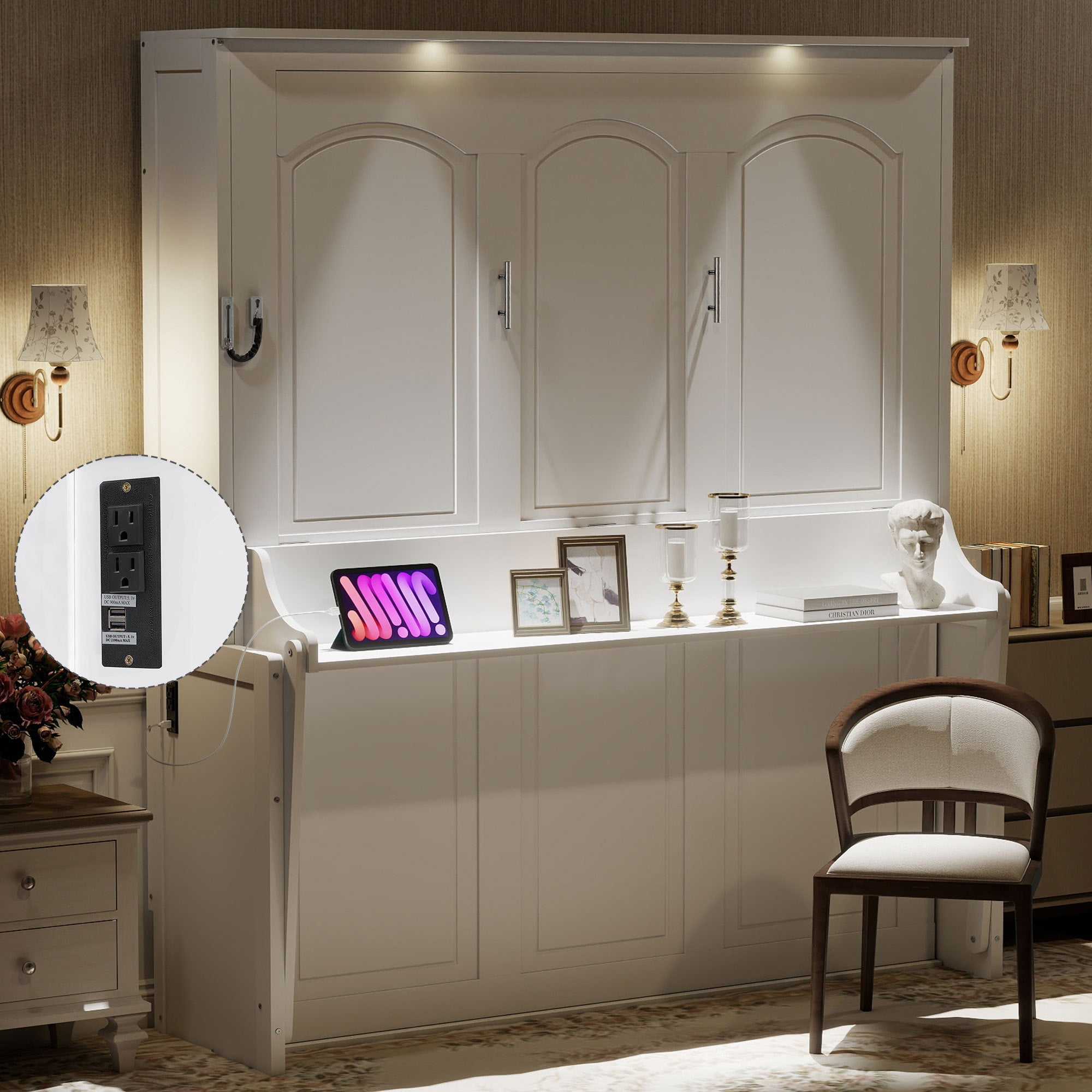 White Queen Murphy Bed w/ Desk, LED Lights & USB Charging Station