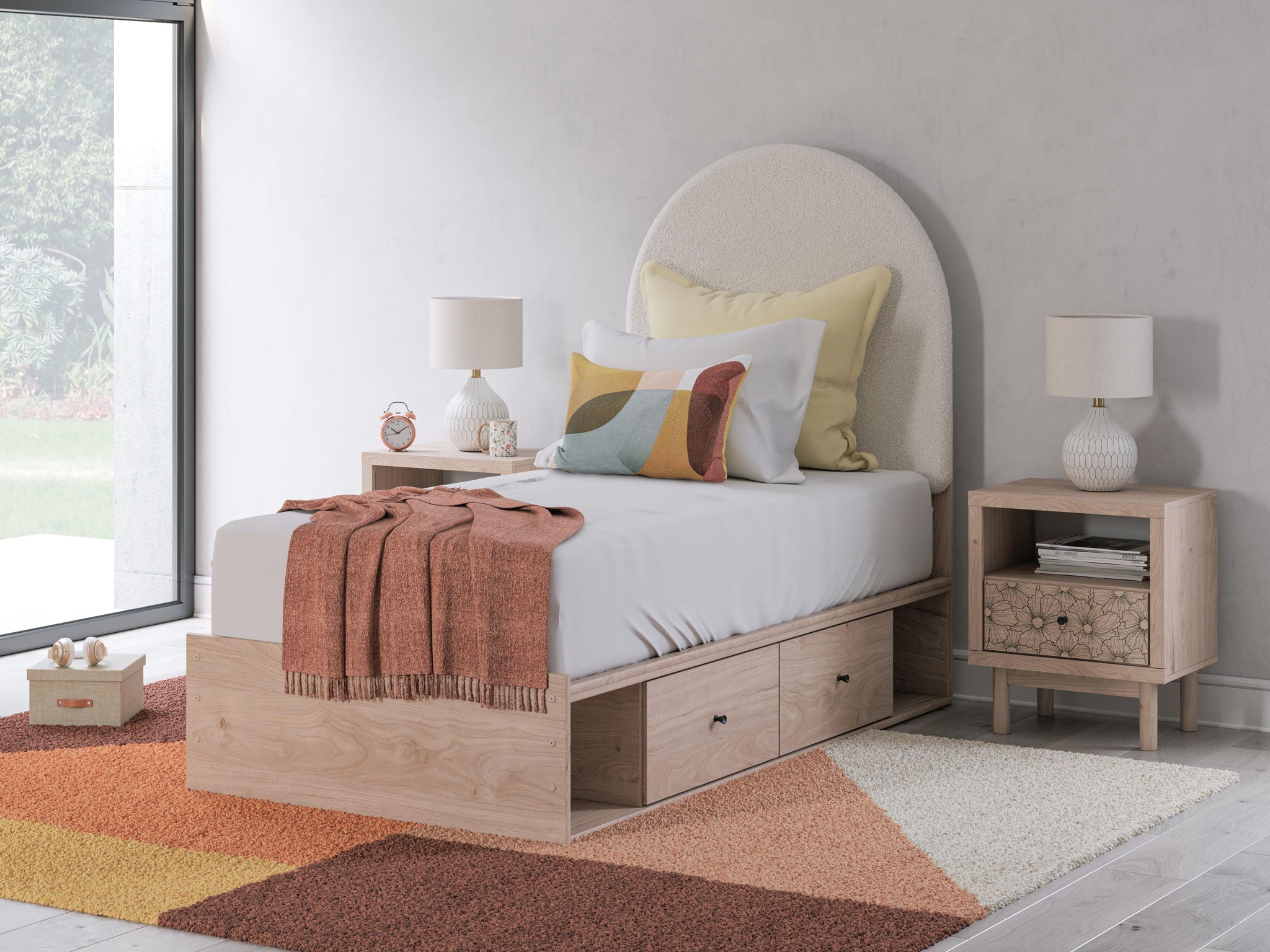 Beige upholstered panel bed with arched headboard, white bedding, and two under-bed drawers