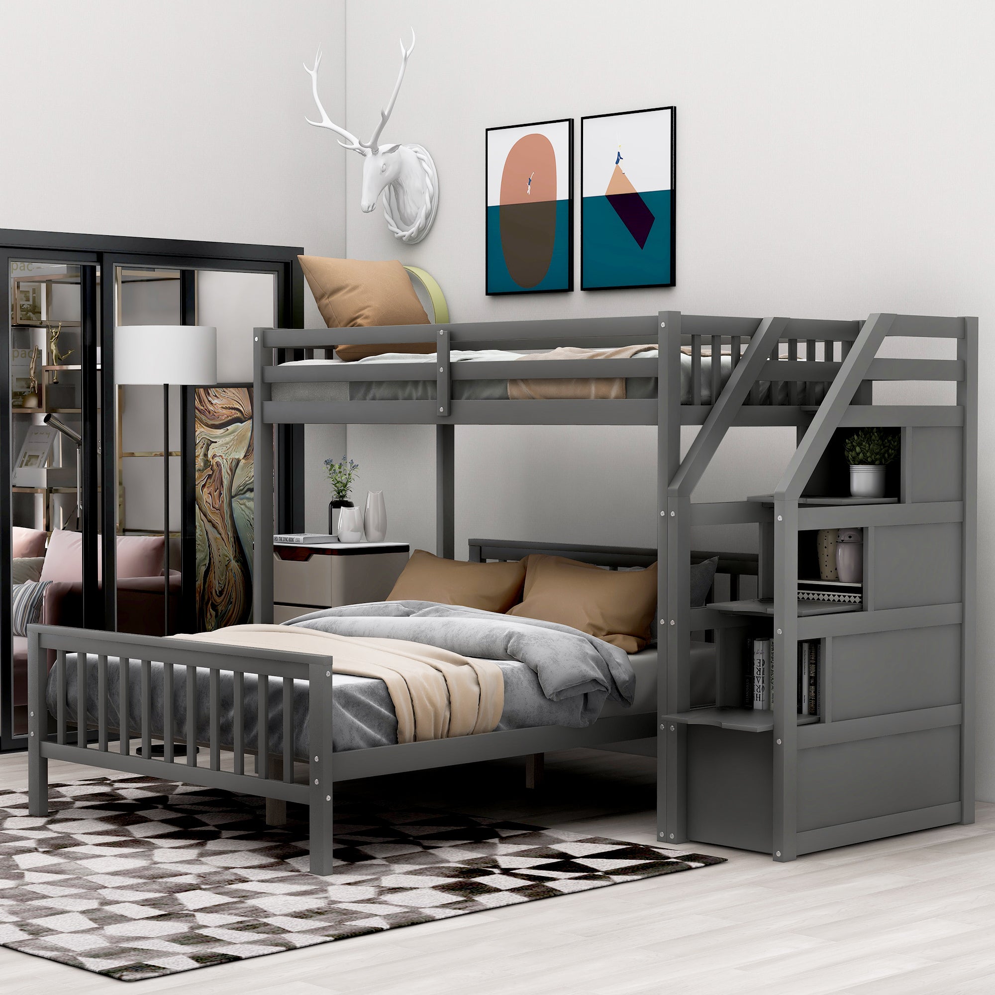 Space-Saving Gray Twin over Full Loft Bed with Staircase