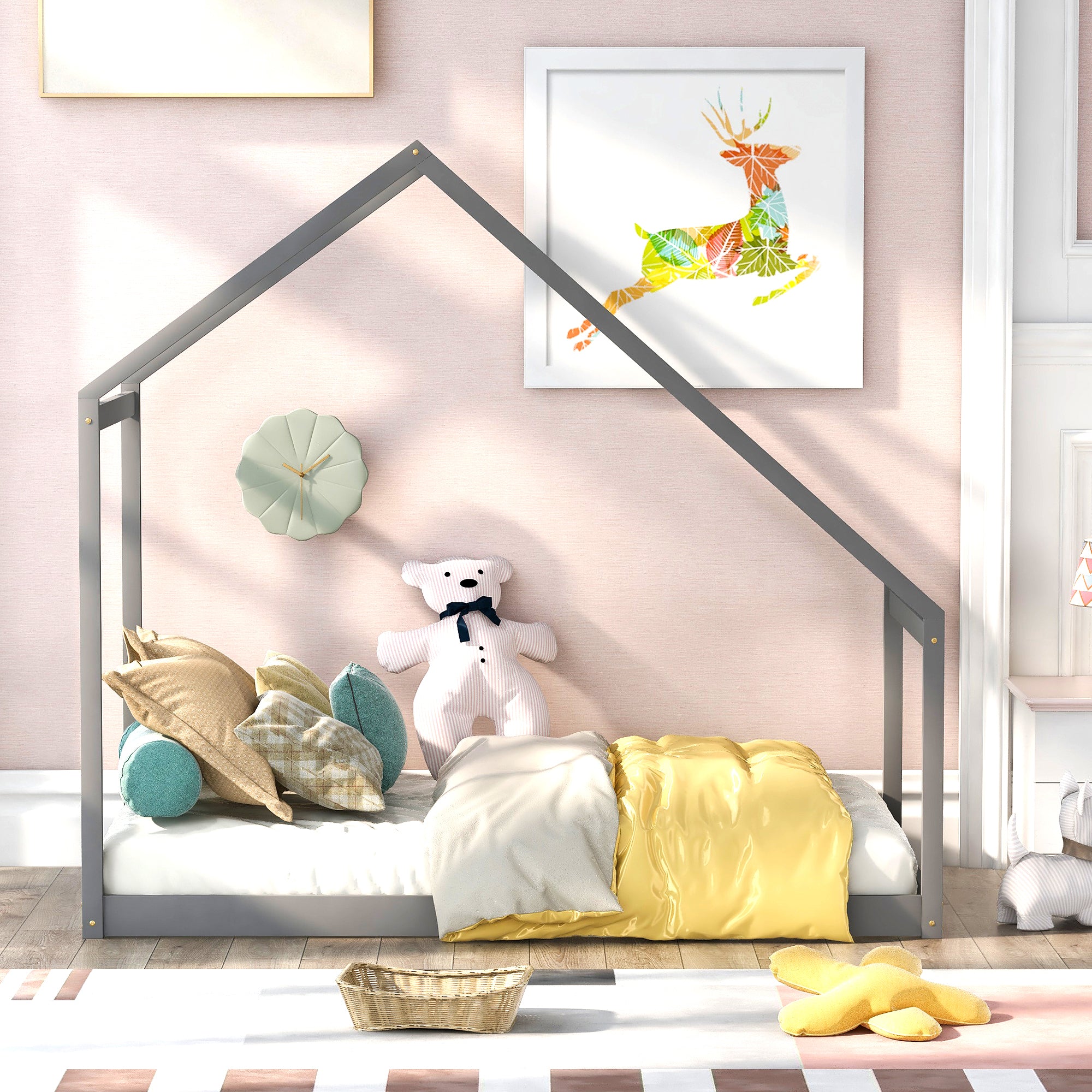 Twin Size Gray Wooden House Bed Frame for Kids