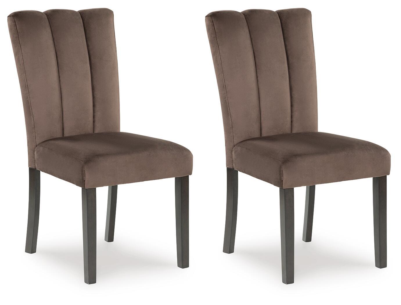 Set of 2 mocha upholstered dining side chairs, tall back, straight legs