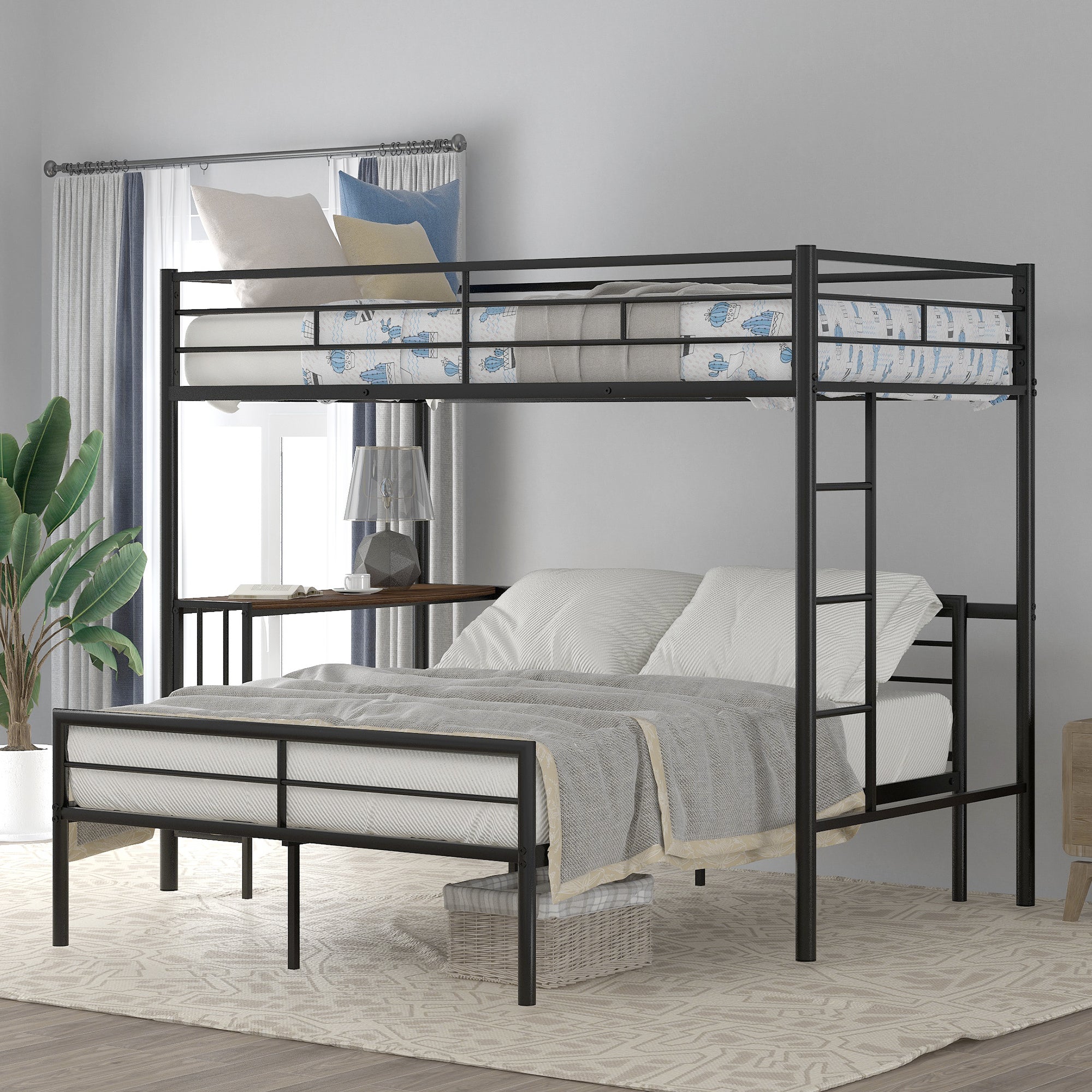 Twin Over Full Metal Bunk Bed with Desk, Ladder & Slats - Metallic Black