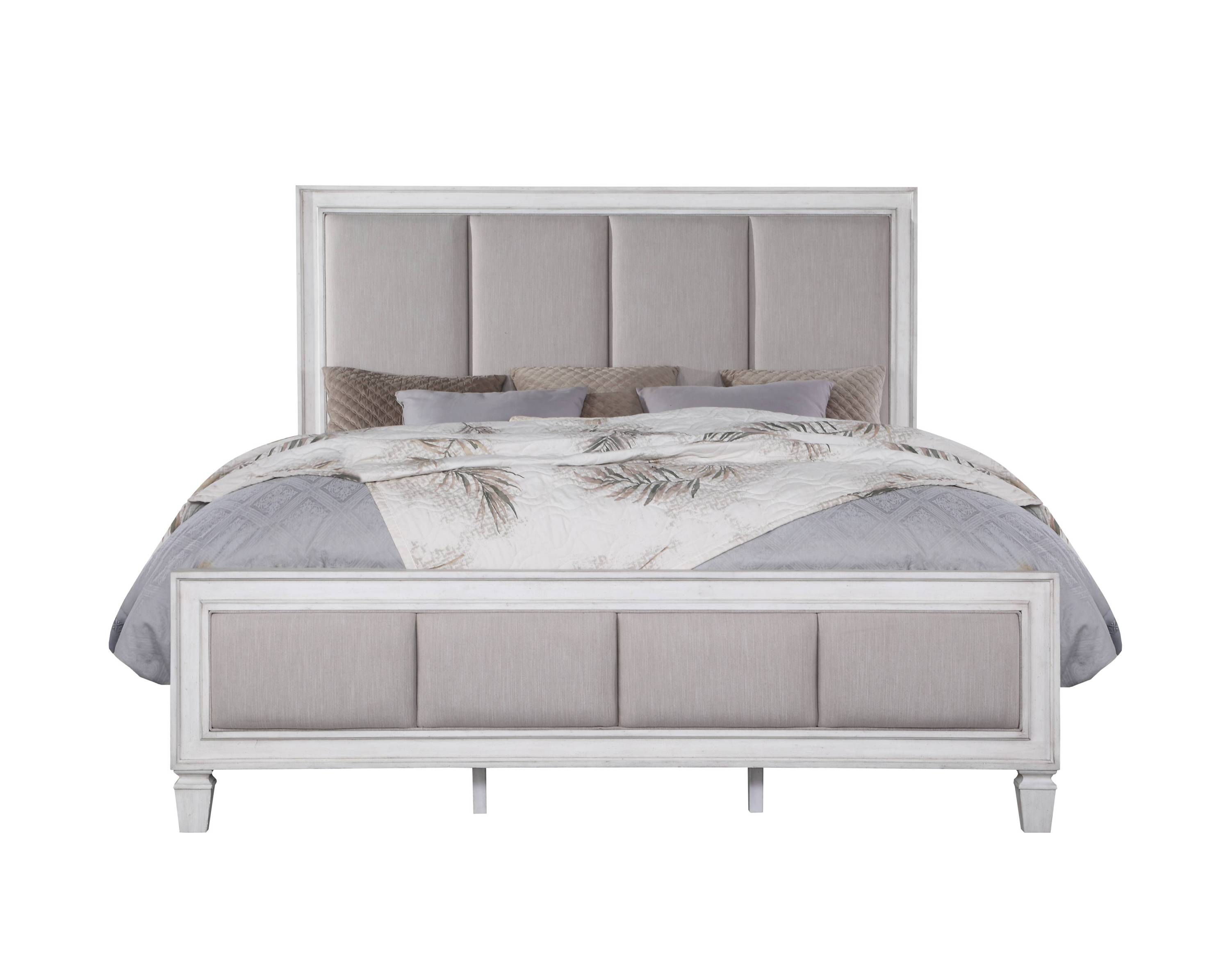 Katia E. King Bed: Light Gray Linen, Rustic Weathered White