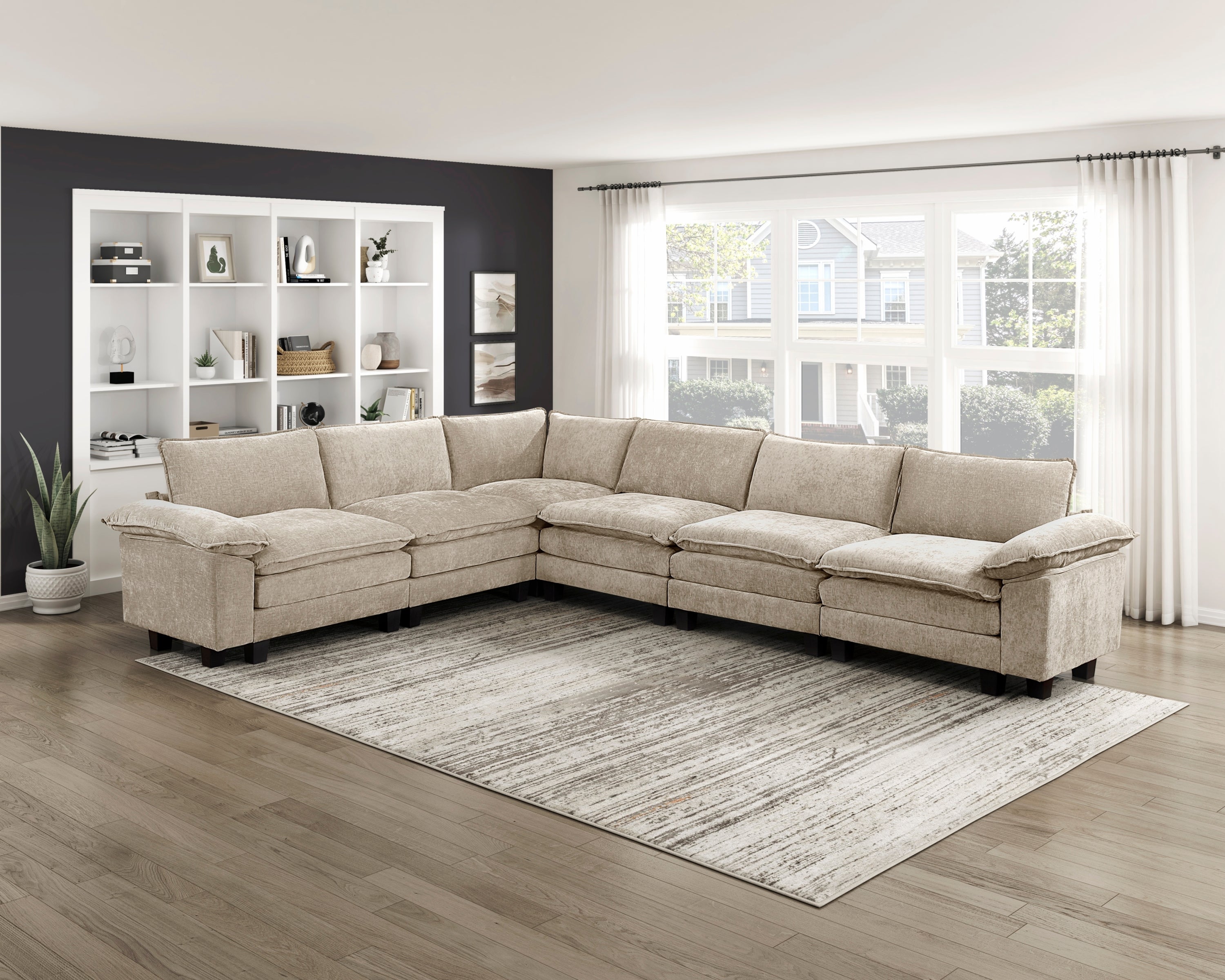 Modern 6-Pc Modular Sectional Sofa | Taupe Chenille