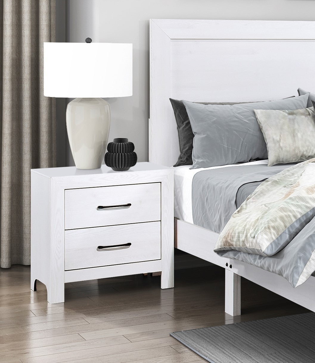 Modern White Wooden Nightstand: 2 Drawers, Black Hardware