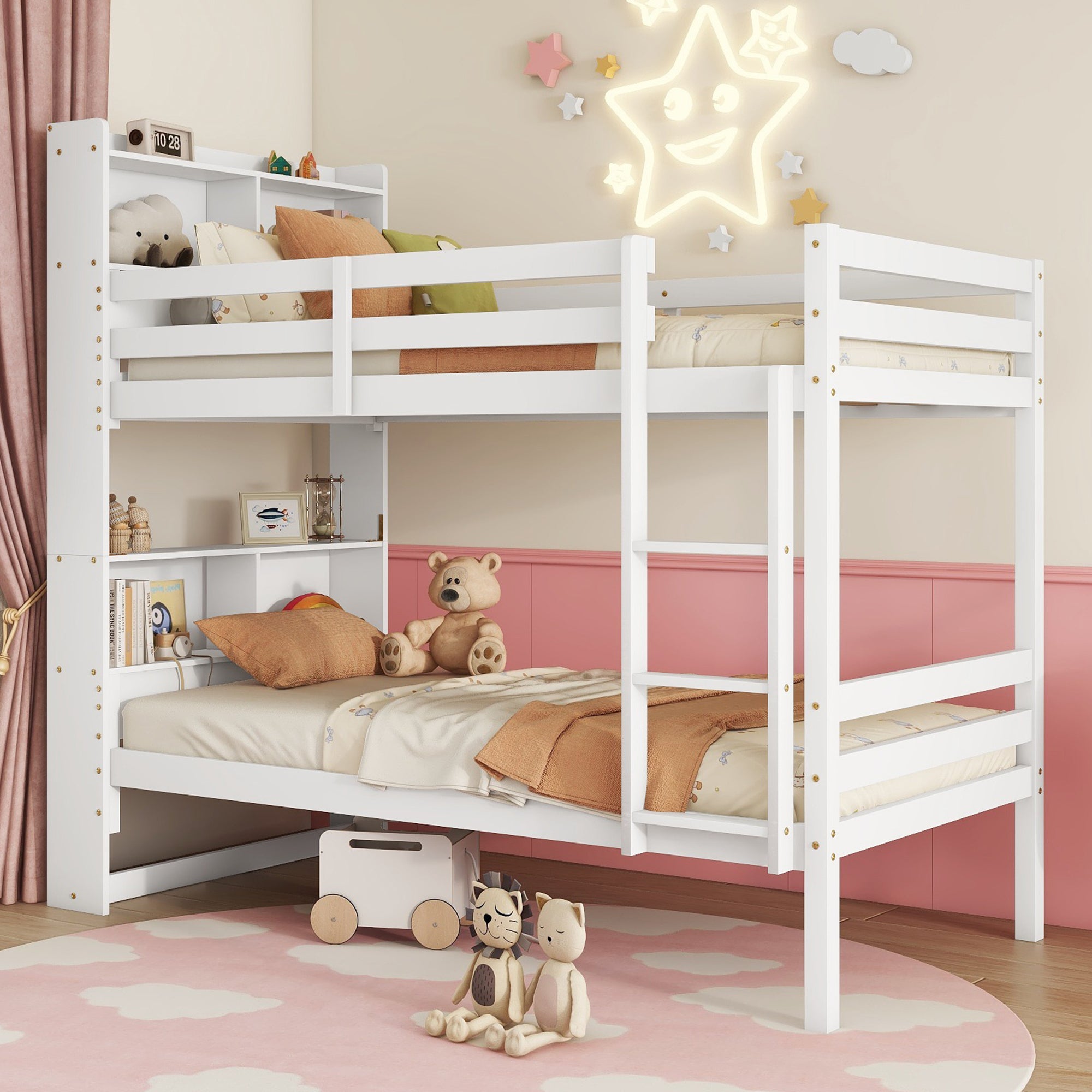 White Twin Over Twin Bunk Bed w/ Shelves, Convertible Rubber Wood